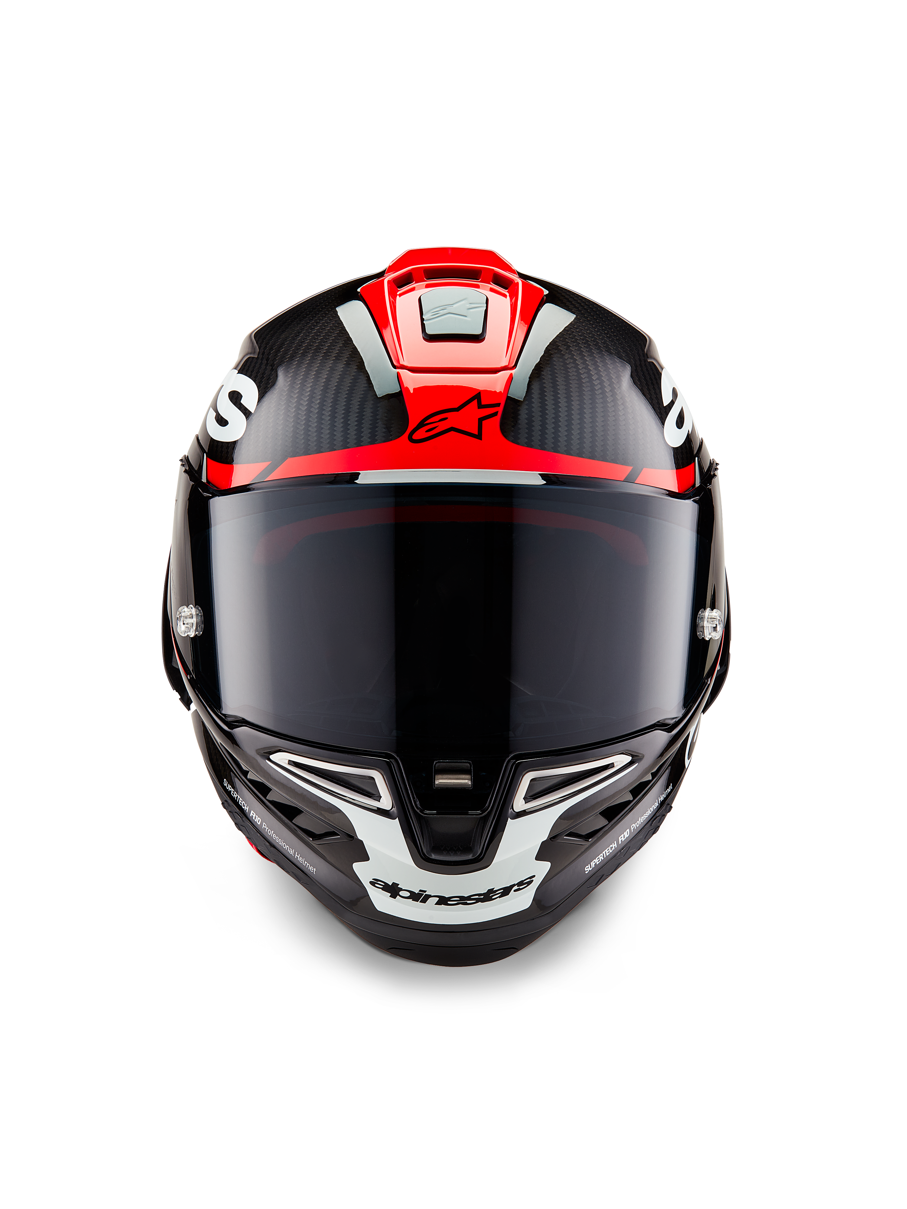 Casco Alpinestars Supertech R10 Element, Nero Carbonio con grafiche lucide Rosso Brillante e Bianco, vista frontale con visiera fumé scura, trama in fibra di carbonio a vista e ventilazione integrata, casco da moto professionale racing