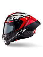 Casco Alpinestars Supertech R10 Element, casco integrale da corsa, carbonio nero, rosso acceso e bianco lucido, vista laterale che mostra la calotta aerodinamica in fibra di carbonio con trama a vista, logo Alpinestars bianco e spoiler posteriore integrato