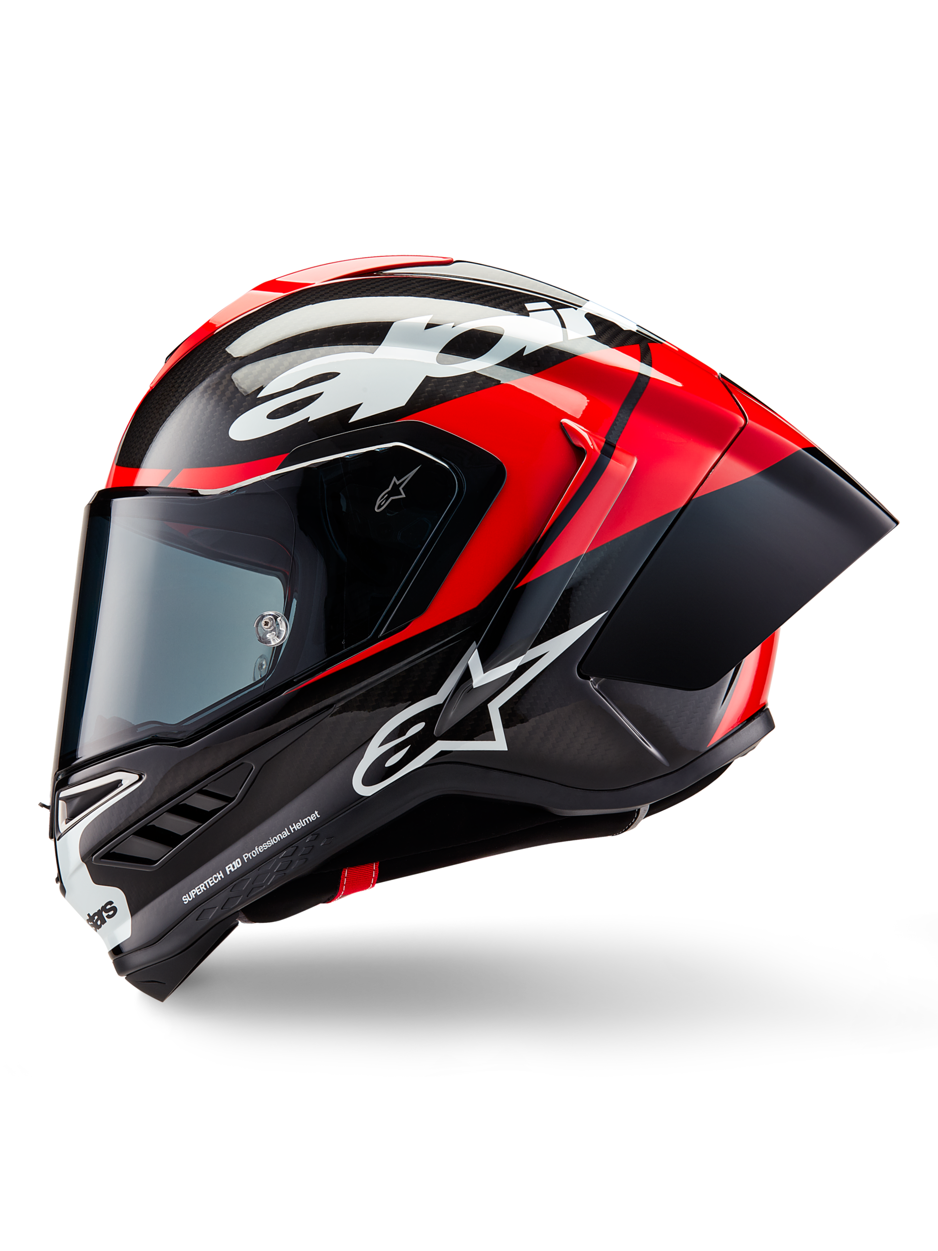Casco Alpinestars Supertech R10 Element, casco integrale da corsa, carbonio nero, rosso acceso e bianco lucido, vista laterale che mostra la calotta aerodinamica in fibra di carbonio con trama a vista, logo Alpinestars bianco e spoiler posteriore integrato