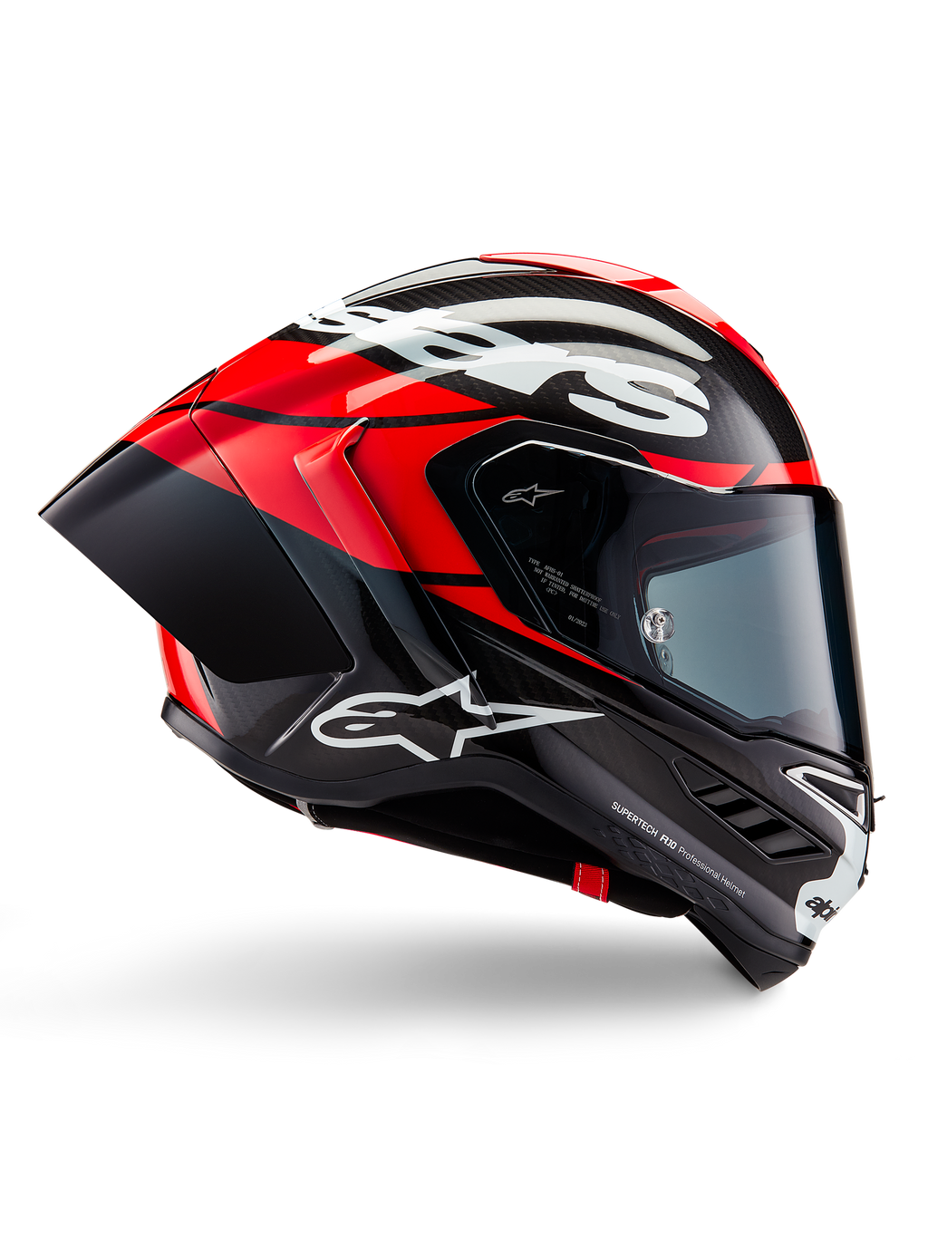 Casco Alpinestars Supertech R10 Element, casco integrale da moto racing, carbonio nero con dettagli rosso brillante e bianchi, profilo laterale che mostra la calotta aerodinamica in fibra di carbonio, finitura lucida con logo bianco, visiera fumé, protezione professionale per le competizioni