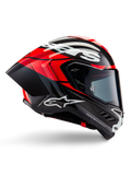 Casco Alpinestars Supertech R10 Element, casco integrale da moto racing, carbonio nero con dettagli rosso brillante e bianchi, profilo laterale che mostra la calotta aerodinamica in fibra di carbonio, finitura lucida con logo bianco, visiera fumé, protezione professionale per le competizioni