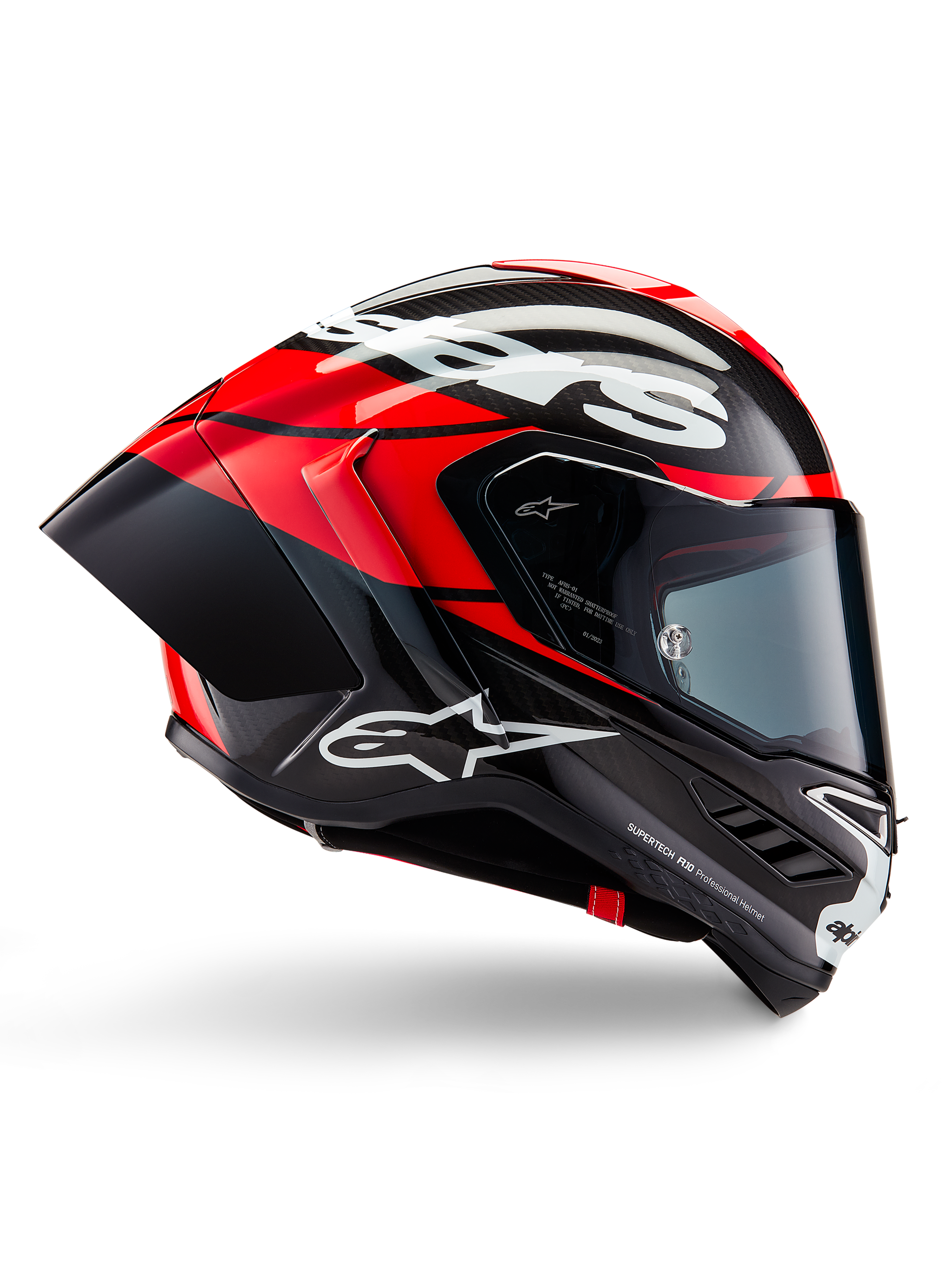 Casco Alpinestars Supertech R10 Element, casco integrale da moto racing, carbonio nero con dettagli rosso brillante e bianchi, profilo laterale che mostra la calotta aerodinamica in fibra di carbonio, finitura lucida con logo bianco, visiera fumé, protezione professionale per le competizioni