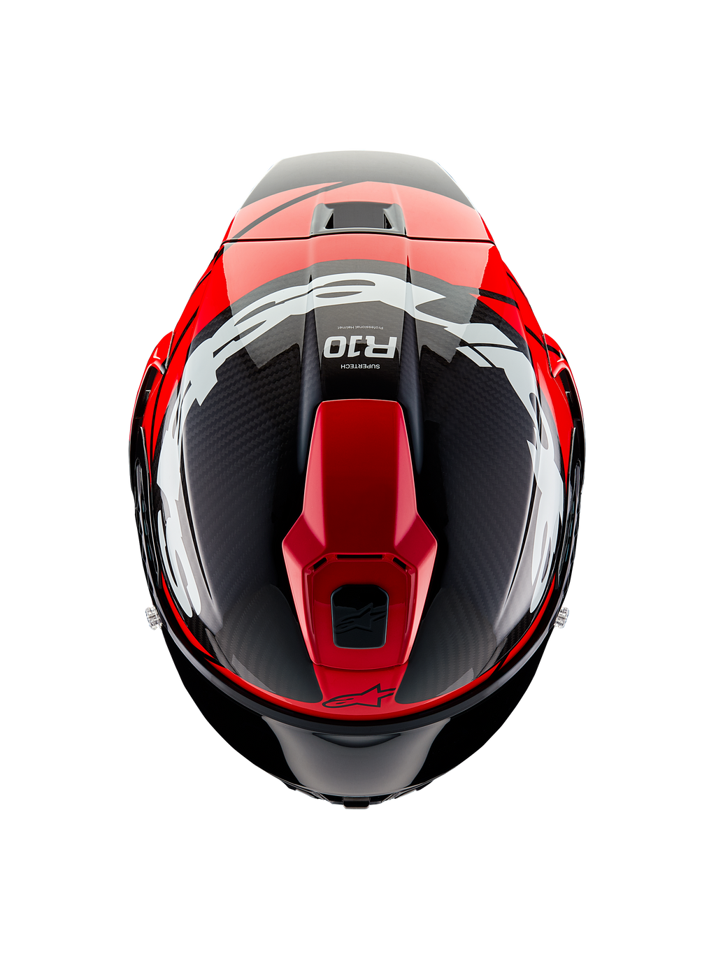 Casco Alpinestars Supertech R10 Element, vista dall'alto, carbonio nero con grafiche rosso brillante e bianco lucido, casco da gara aerodinamico con grandi loghi bianchi e trama in fibra di carbonio a vista