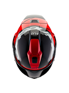 Casco Alpinestars Supertech R10 Element, vista dall'alto, carbonio nero con grafiche rosso brillante e bianco lucido, casco da gara aerodinamico con grandi loghi bianchi e trama in fibra di carbonio a vista