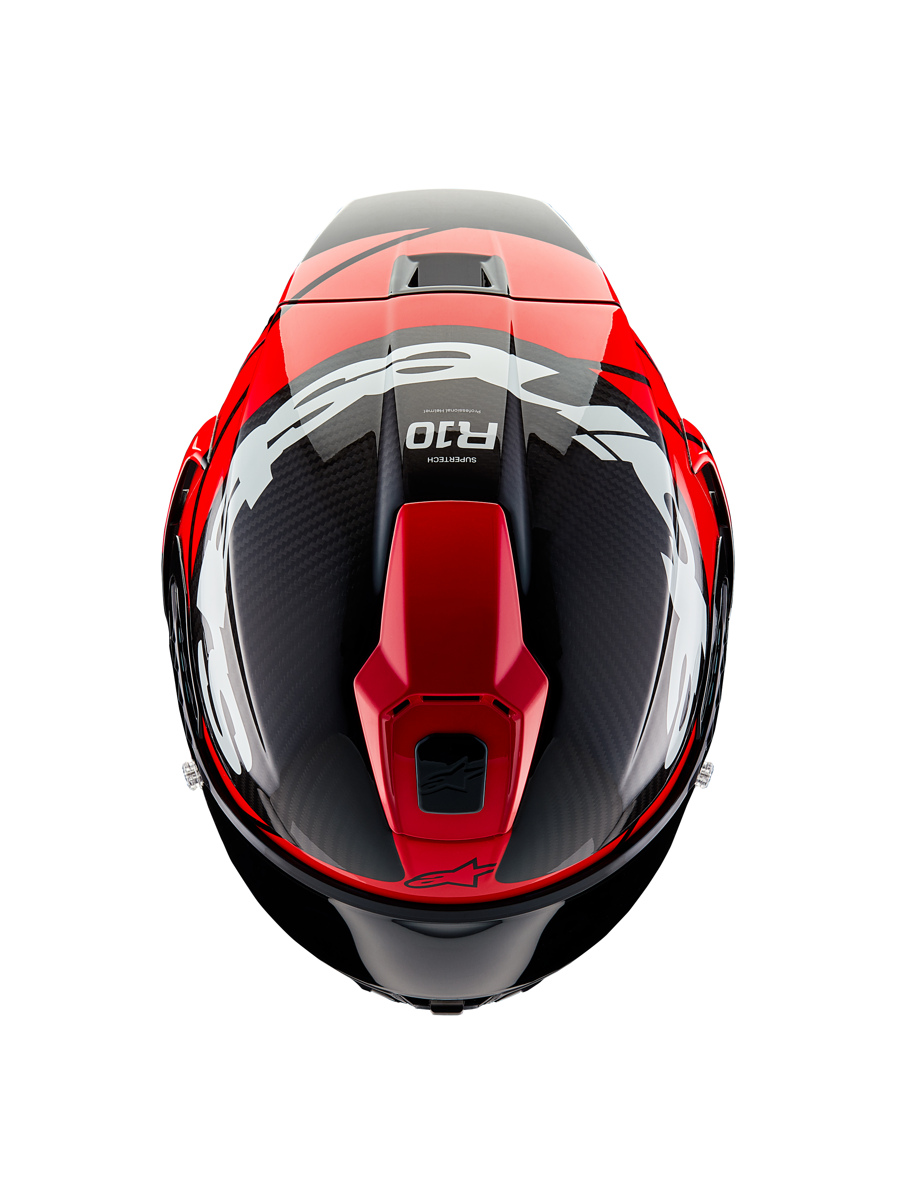 Casco Alpinestars Supertech R10 Element, vista dall'alto, carbonio nero con grafiche rosso brillante e bianco lucido, casco da gara aerodinamico con grandi loghi bianchi e trama in fibra di carbonio a vista