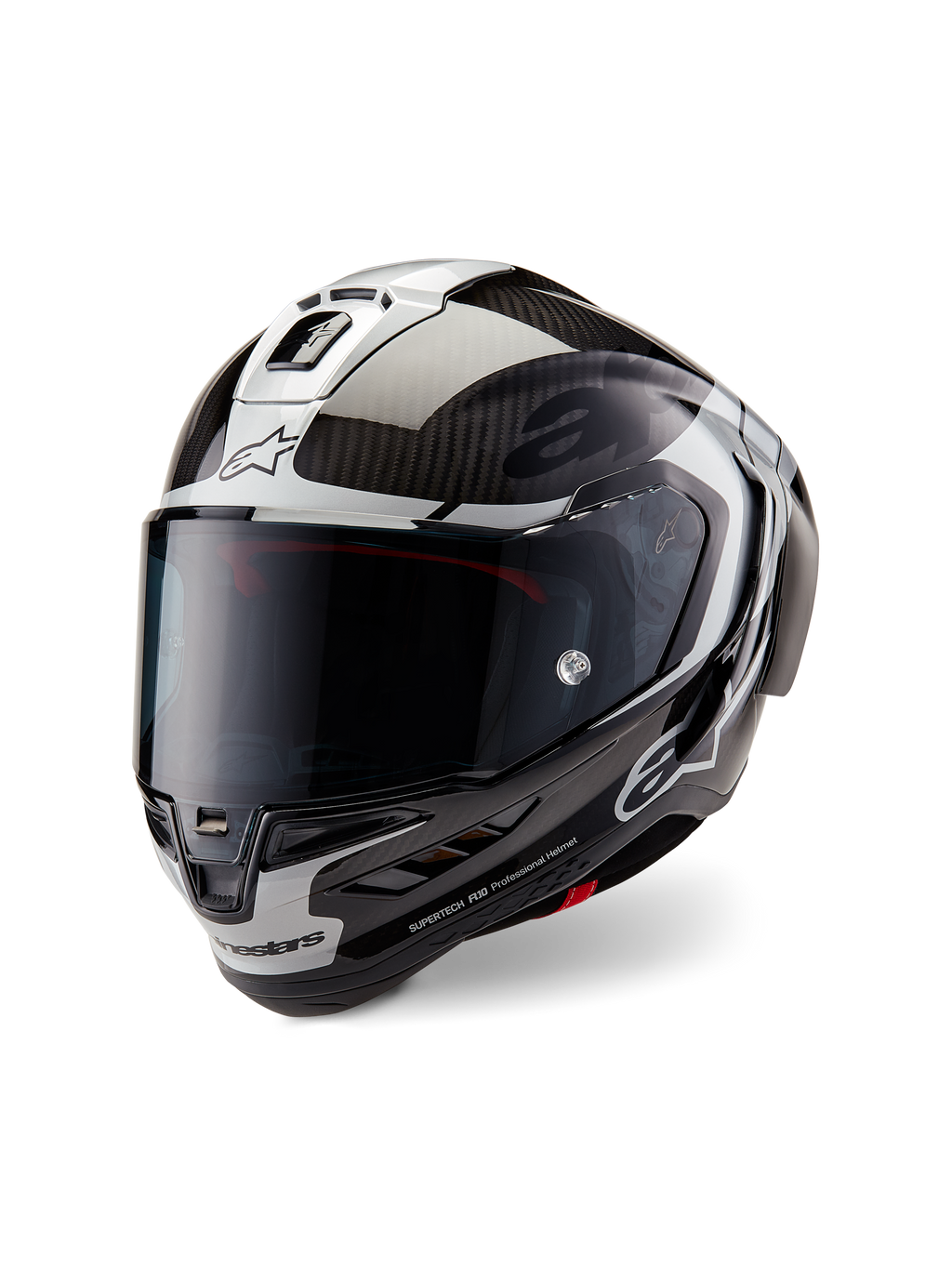 Casco Alpinestars Supertech R10 Element, casco integrale racing da moto, nero carbonio, argento e nero lucido, con visiera fumé scura, calotta aerodinamica in fibra di carbonio e marchio Alpinestars