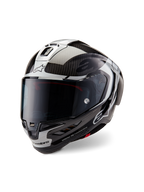 Casco Alpinestars Supertech R10 Element, casco integrale racing da moto, nero carbonio, argento e nero lucido, con visiera fumé scura, calotta aerodinamica in fibra di carbonio e marchio Alpinestars