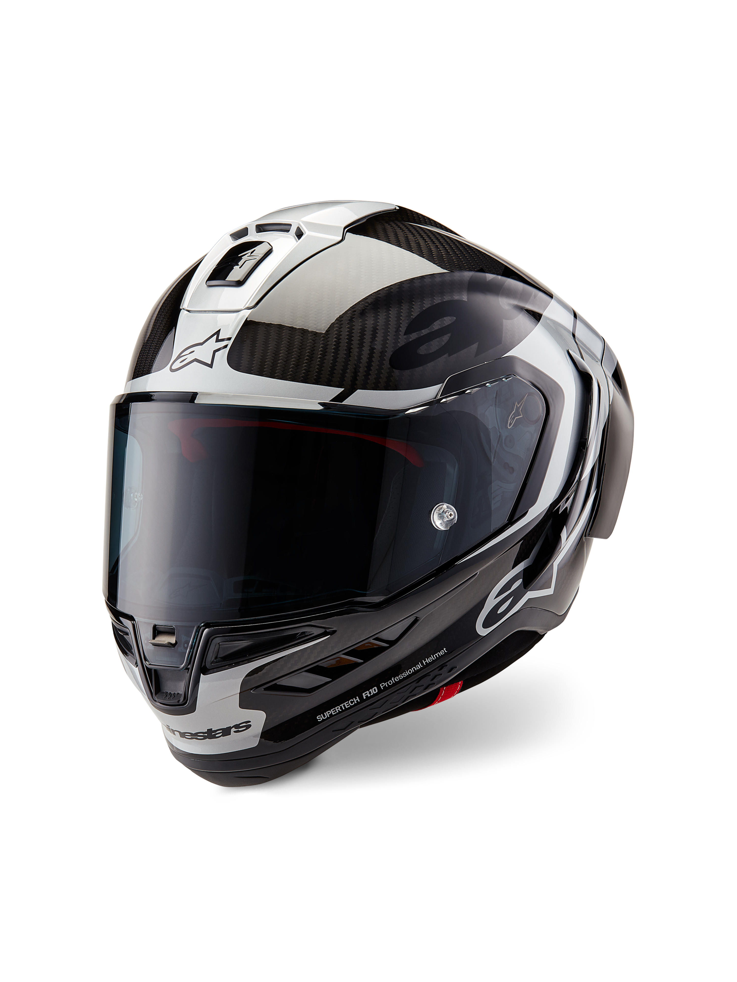 Casco Alpinestars Supertech R10 Element, casco integrale racing da moto, nero carbonio, argento e nero lucido, con visiera fumé scura, calotta aerodinamica in fibra di carbonio e marchio Alpinestars