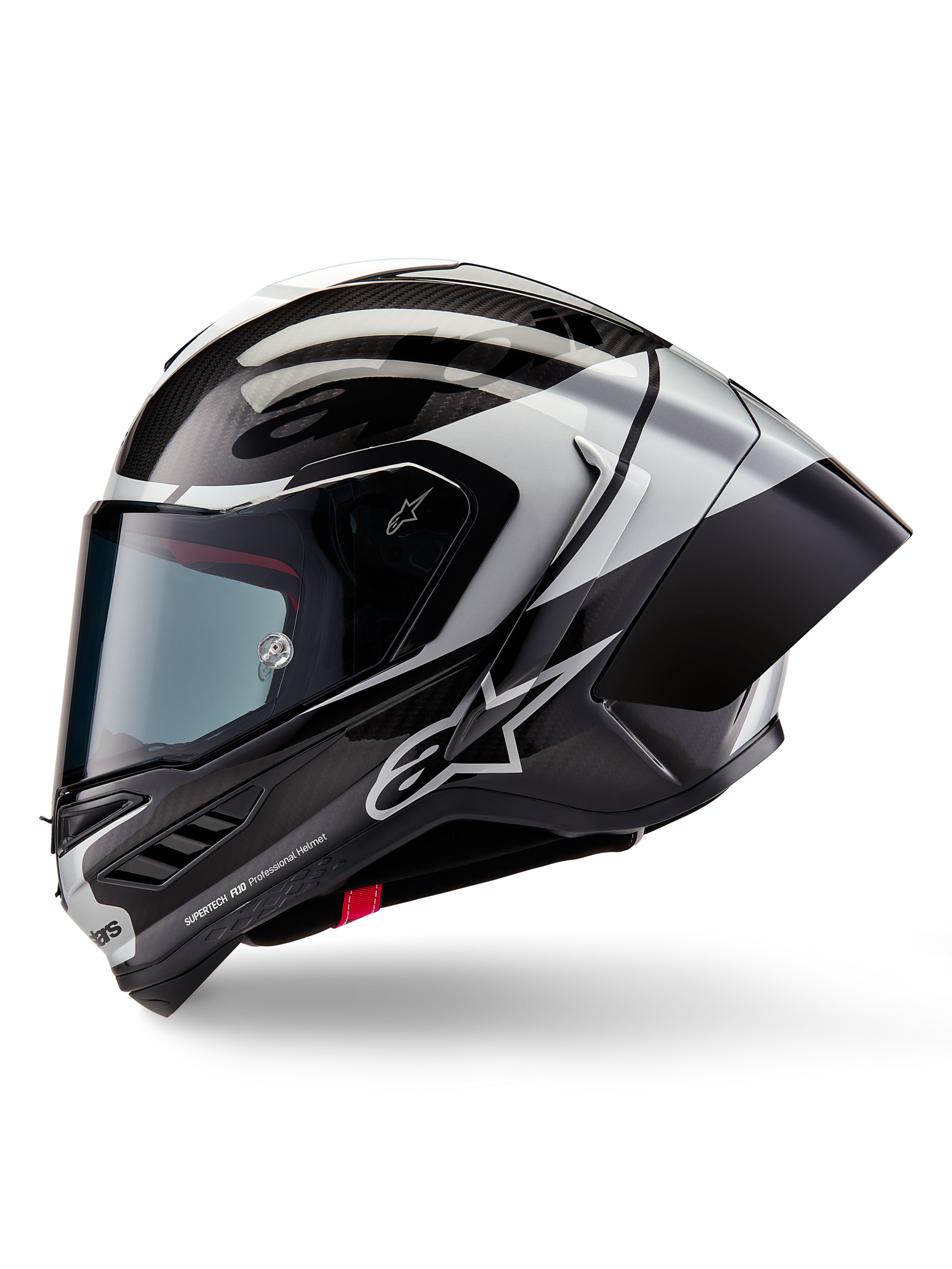 Casco Alpinestars Supertech R10 Element, casco integrale da moto racing, Nero Carbonio Argento e Nero Lucido, vista di profilo laterale con trama in fibra di carbonio e spoiler posteriore aerodinamico, design aerodinamico con loghi Alpinestars e finitura professionale da gara