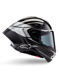 Casco Alpinestars Supertech R10 Element, casco moto integrale racing, finitura in carbonio nero, argento e nero lucido, vista laterale con calotta aerodinamica in fibra di carbonio, visiera trasparente e logo Alpinestars evidente