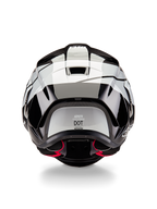 Casco Alpinestars Supertech R10 Element, vista posteriore, nero carbonio argento e nero lucido, con design dello spoiler aerodinamico, etichetta di certificazione DOT e accenti rossi nell'imbottitura interna, protezione per la testa professionale da corsa