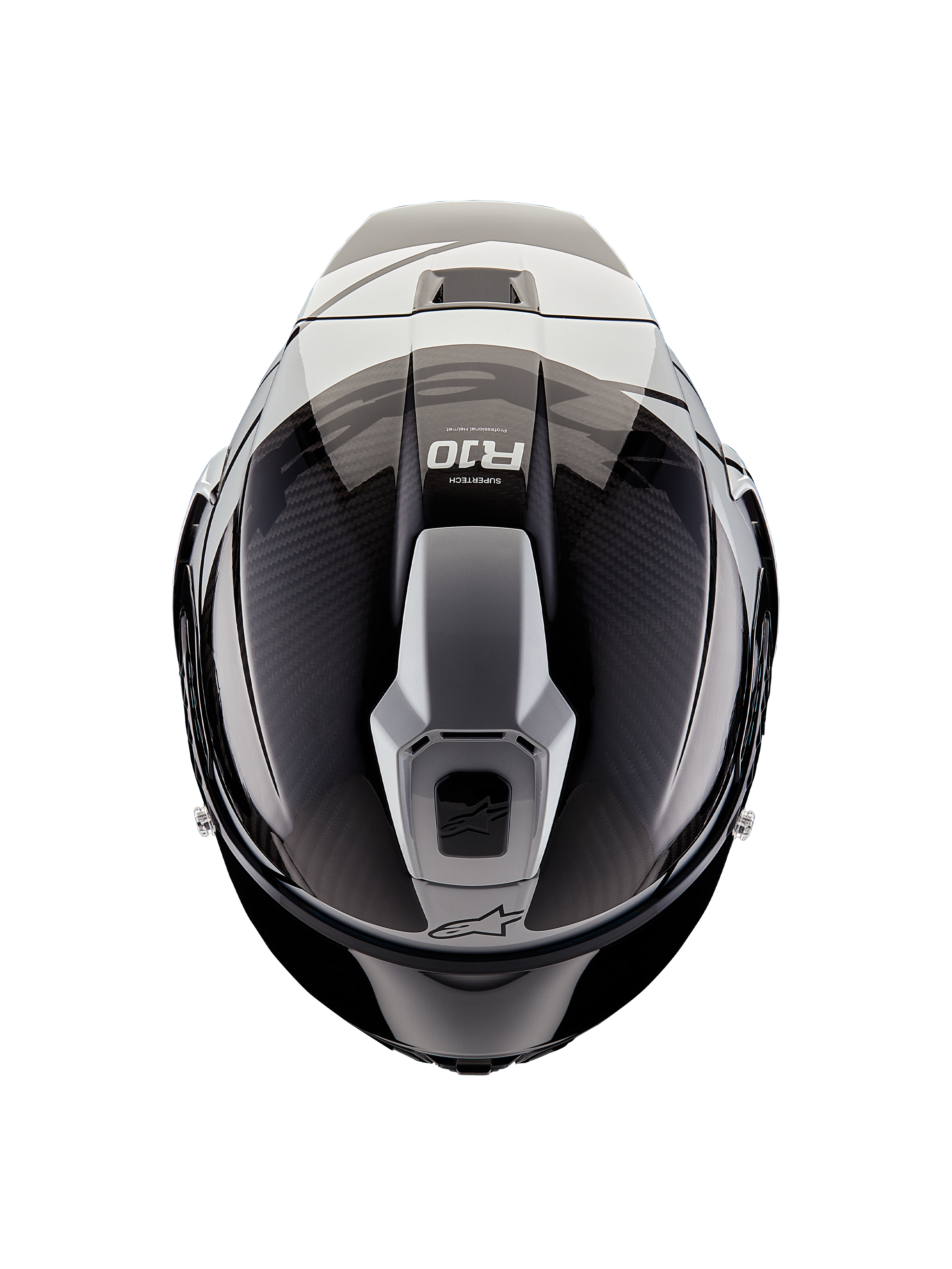 Casco Alpinestars Supertech R10 Element, vista dall'alto, Nero Carbonio e Argento, finitura lucida con trama in fibra di carbonio a vista, struttura delle prese d'aria aerodinamiche, logo R10 e marchio Alpinestars, casco da moto professionale da corsa