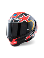 Alpinestars Supertech R10 Miller Limited Edition, casco integrale da gara, Carbon Red Matt con stelle rosse, accenti grafici blu e gialli, visiera fumo scuro, calotta aerodinamica in carbonio per competizioni motociclistiche professionali