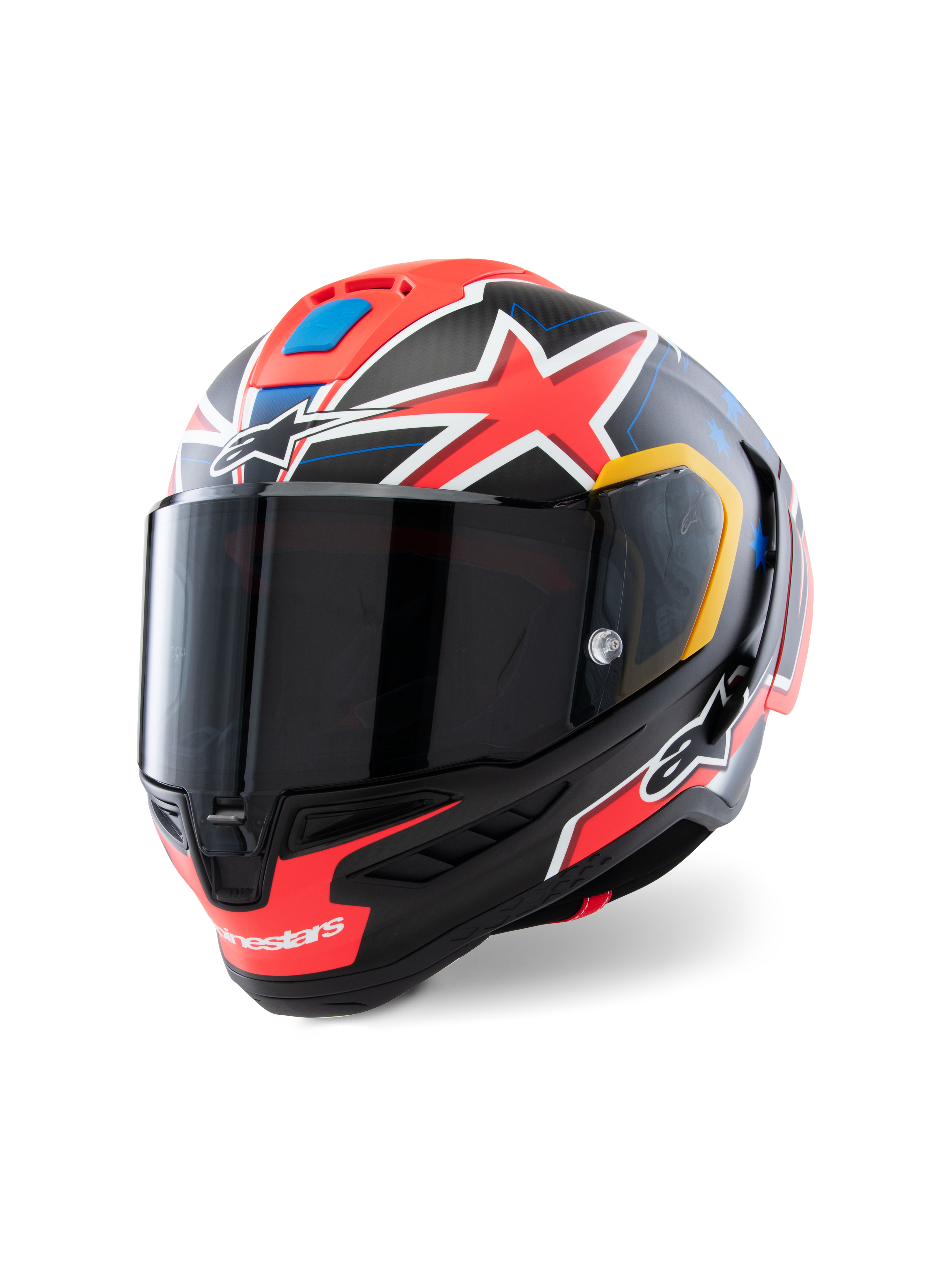 Alpinestars Supertech R10 Miller Limited Edition, casco integrale da gara, Carbon Red Matt con stelle rosse, accenti grafici blu e gialli, visiera fumo scuro, calotta aerodinamica in carbonio per competizioni motociclistiche professionali