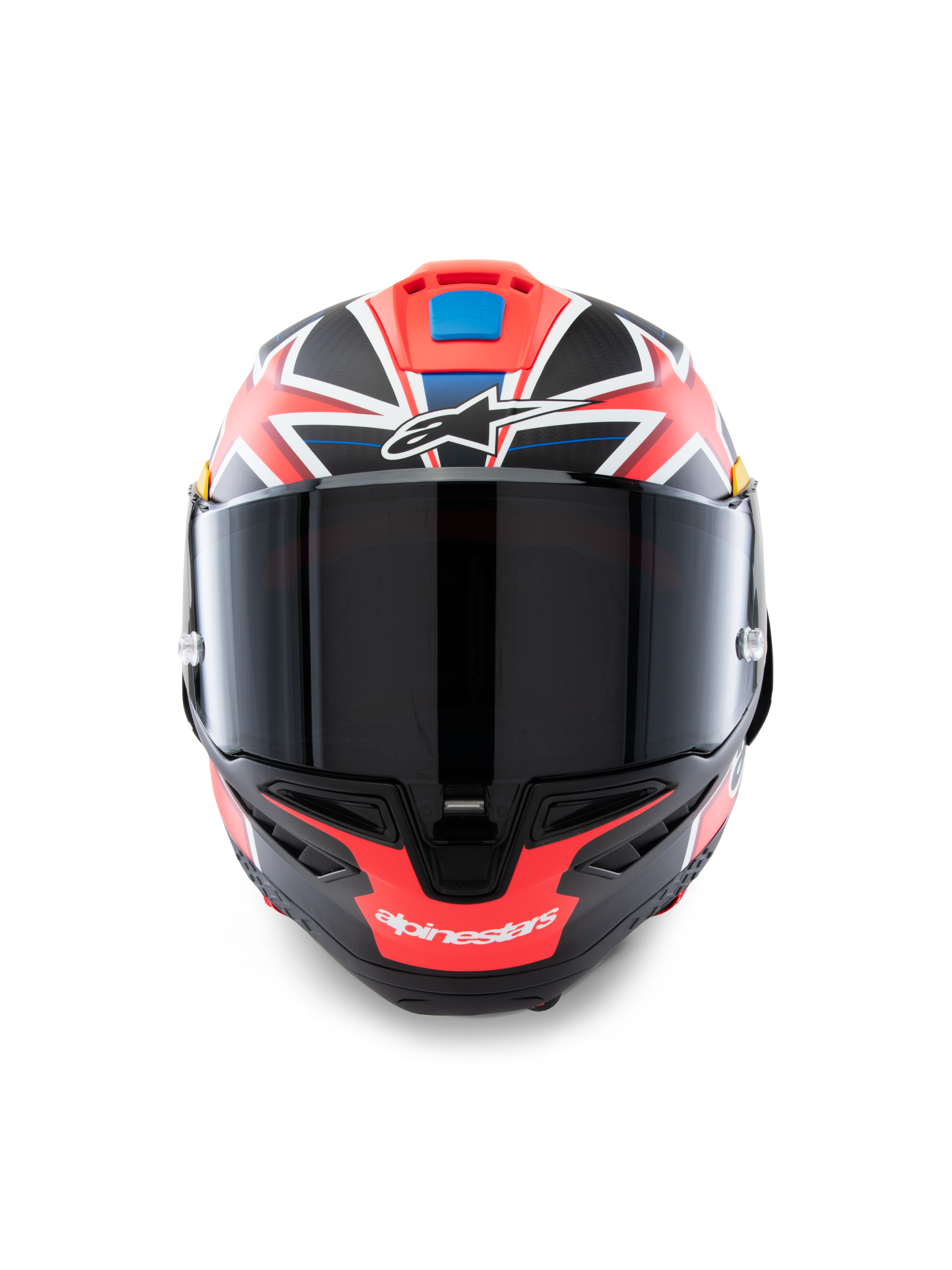 Casco Alpinestars Supertech R10 Miller Limited Edition, vista frontale, casco integrale da moto racing con grafica Carbon Red Matt e dettagli bianchi e blu, visiera fumo scuro, design firmato Jack Miller, costruzione della calotta in carbonio aerodinamica
