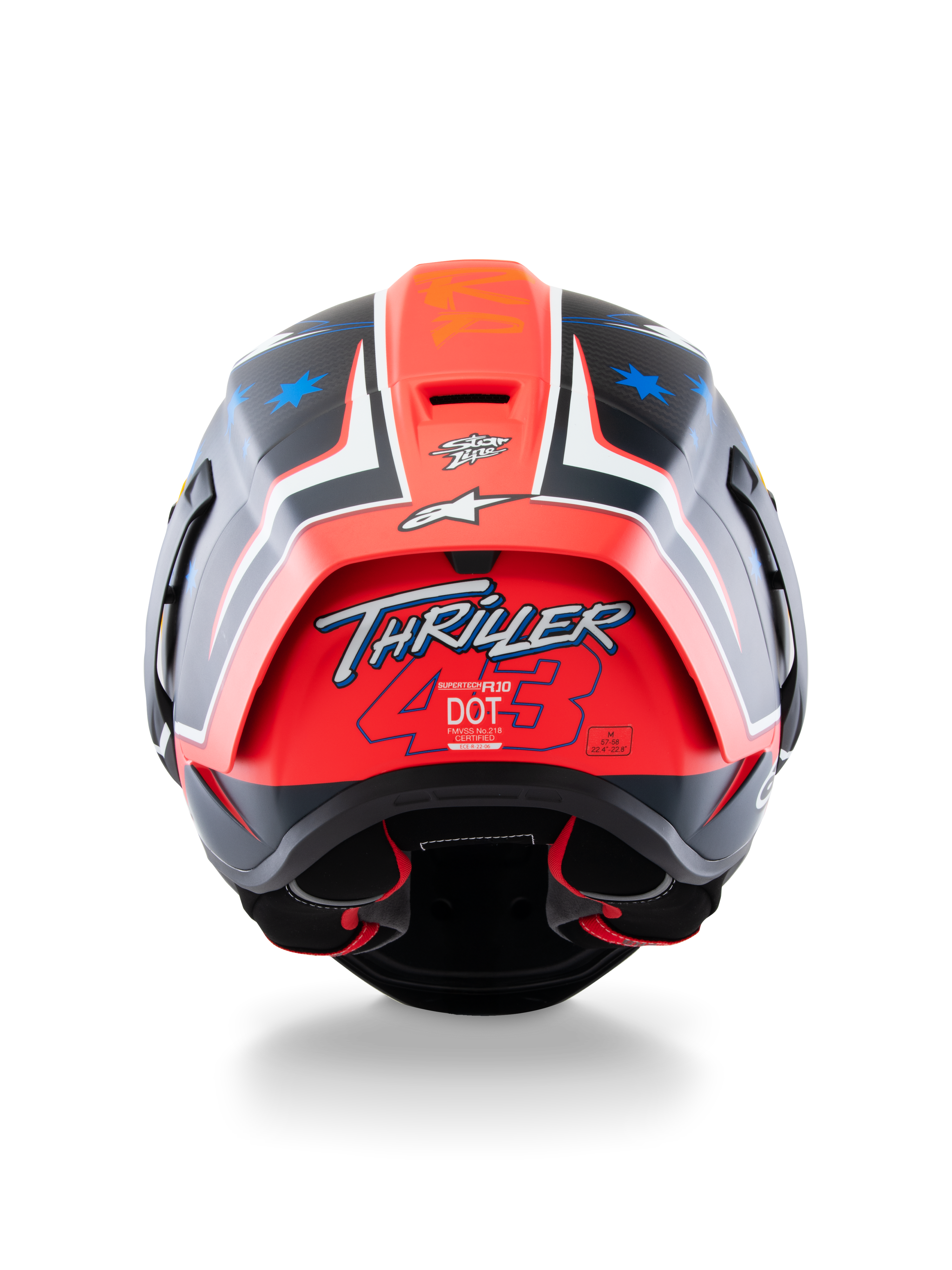 Casco Alpinestars Supertech R10 Miller Limited Edition, casco integrale racing, Carbon Red Matt con grafiche a stelle blu, vista posteriore che evidenzia il logo 'Thriller 43' sullo spoiler rosso, design aerodinamico con etichette di certificazione