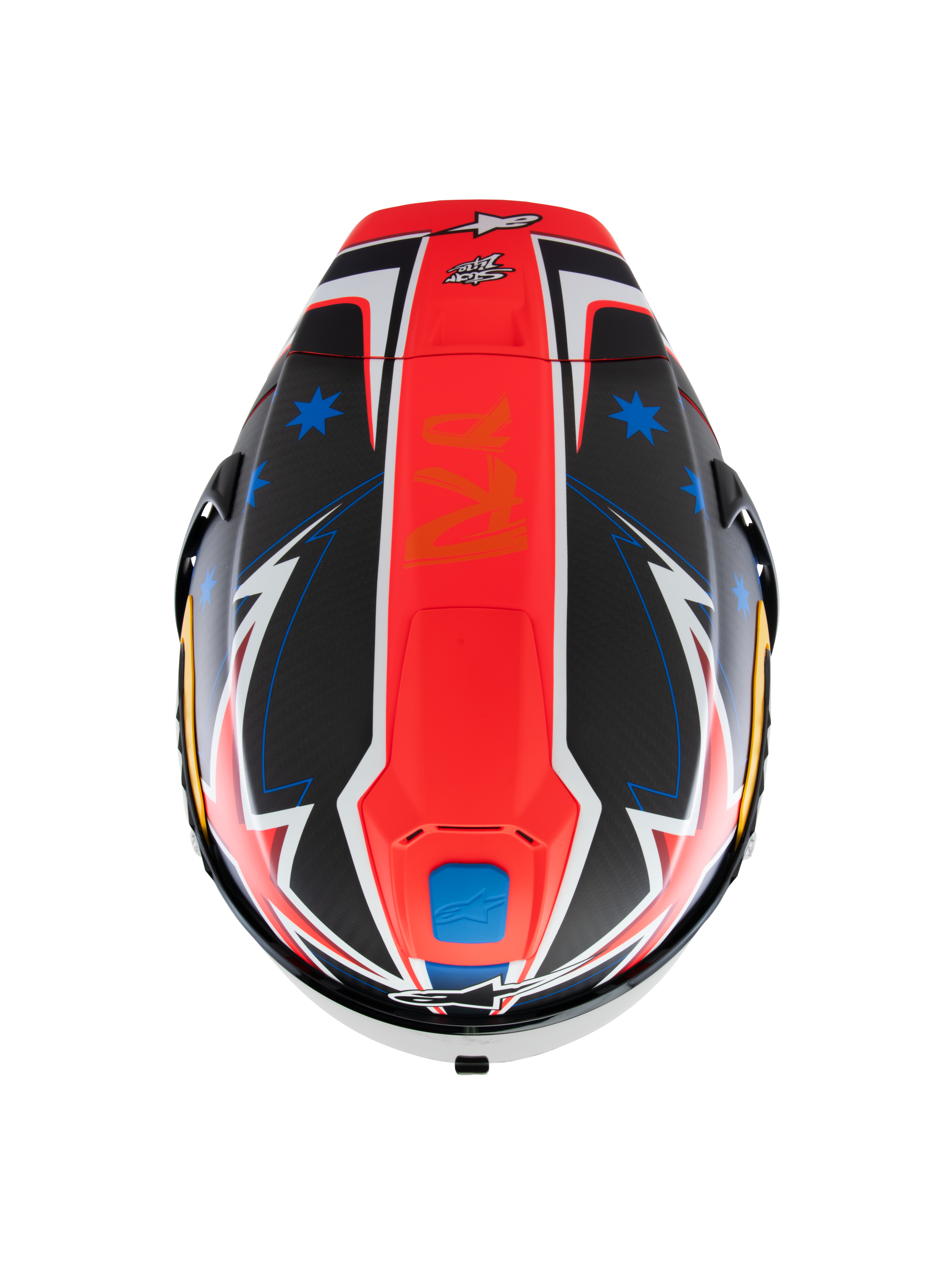 Casco Alpinestars Supertech R10 Miller Limited Edition, vista dall'alto, grafica Carbon Red Matt con striscia rossa centrale, stelle blu su sezioni in fibra di carbonio nera, accenti bianchi e blu a forma di fulmine, design racing aerodinamico per prestazioni su pista.