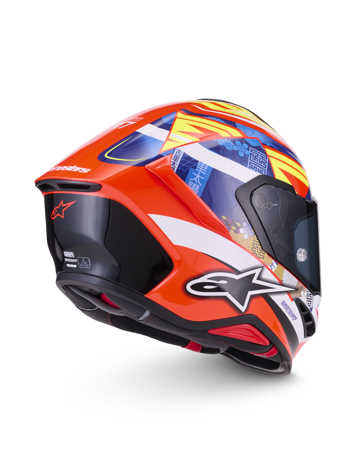 Alpinestars Casco S-R7 Taiyo Furusato ECE 22.06, casco integrale da moto racing, rosso, bianco, blu e giallo, certificato ECE 22.06, visuale posteriore e laterale