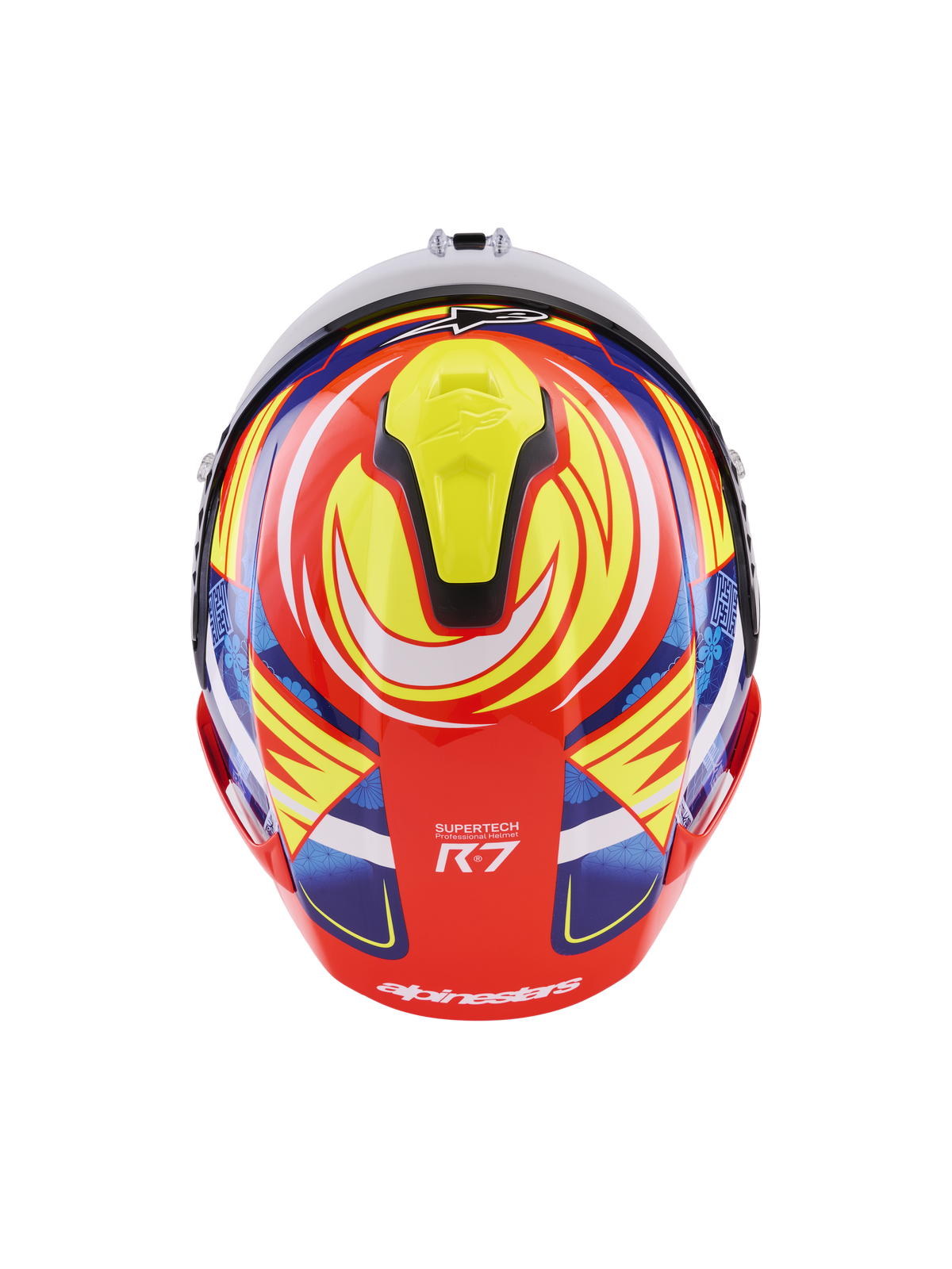 Alpinestars Casco S-R7 Taiyo Furusato ECE 22.06, casco integrale da racing, rosso, bianco, blu e giallo fluo, vista posteriore dall'alto con spoiler aerodinamico e dettagli di ventilazione