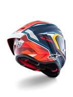 Alpinestars Casco Supertech R10 Acosta Edizione Limitata, casco da moto racing, blu, rosso e bianco opaco, costruzione in carbonio composito, certificato ECE 22.06 e DOT, vista posteriore