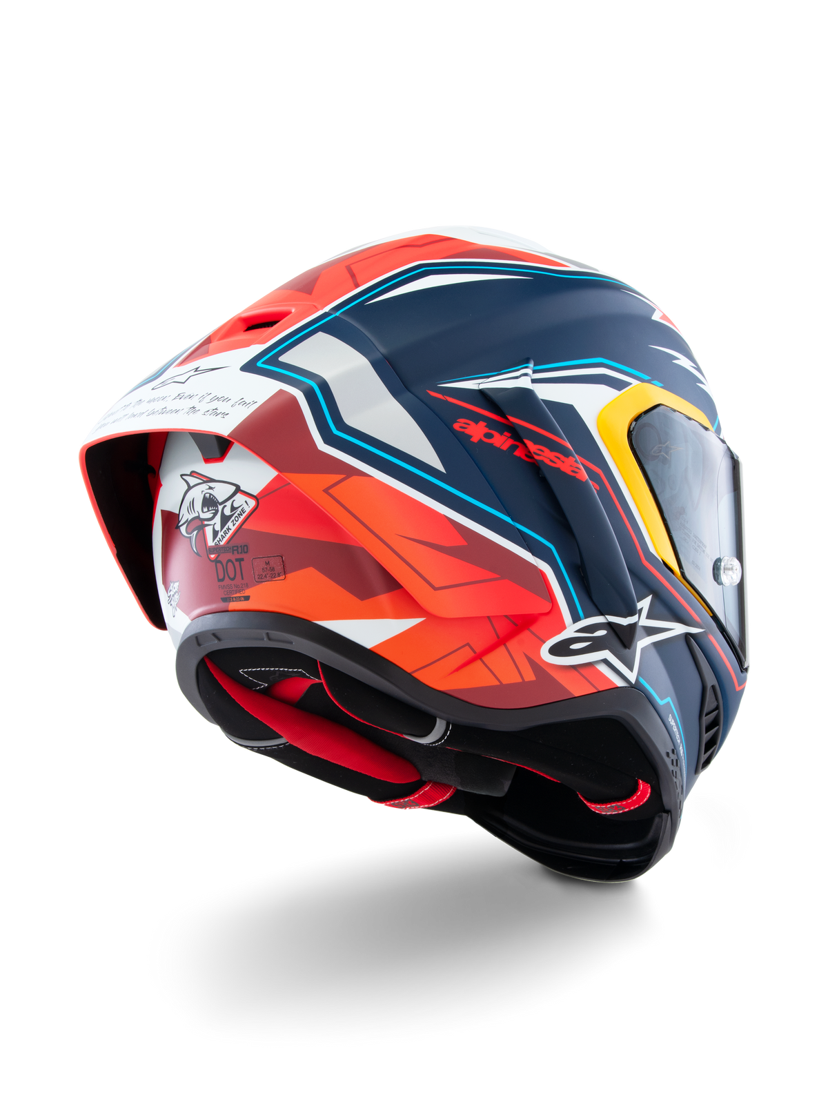 Alpinestars Casco Supertech R10 Acosta Edizione Limitata, casco da moto racing, blu, rosso e bianco opaco, costruzione in carbonio composito, certificato ECE 22.06 e DOT, vista posteriore
