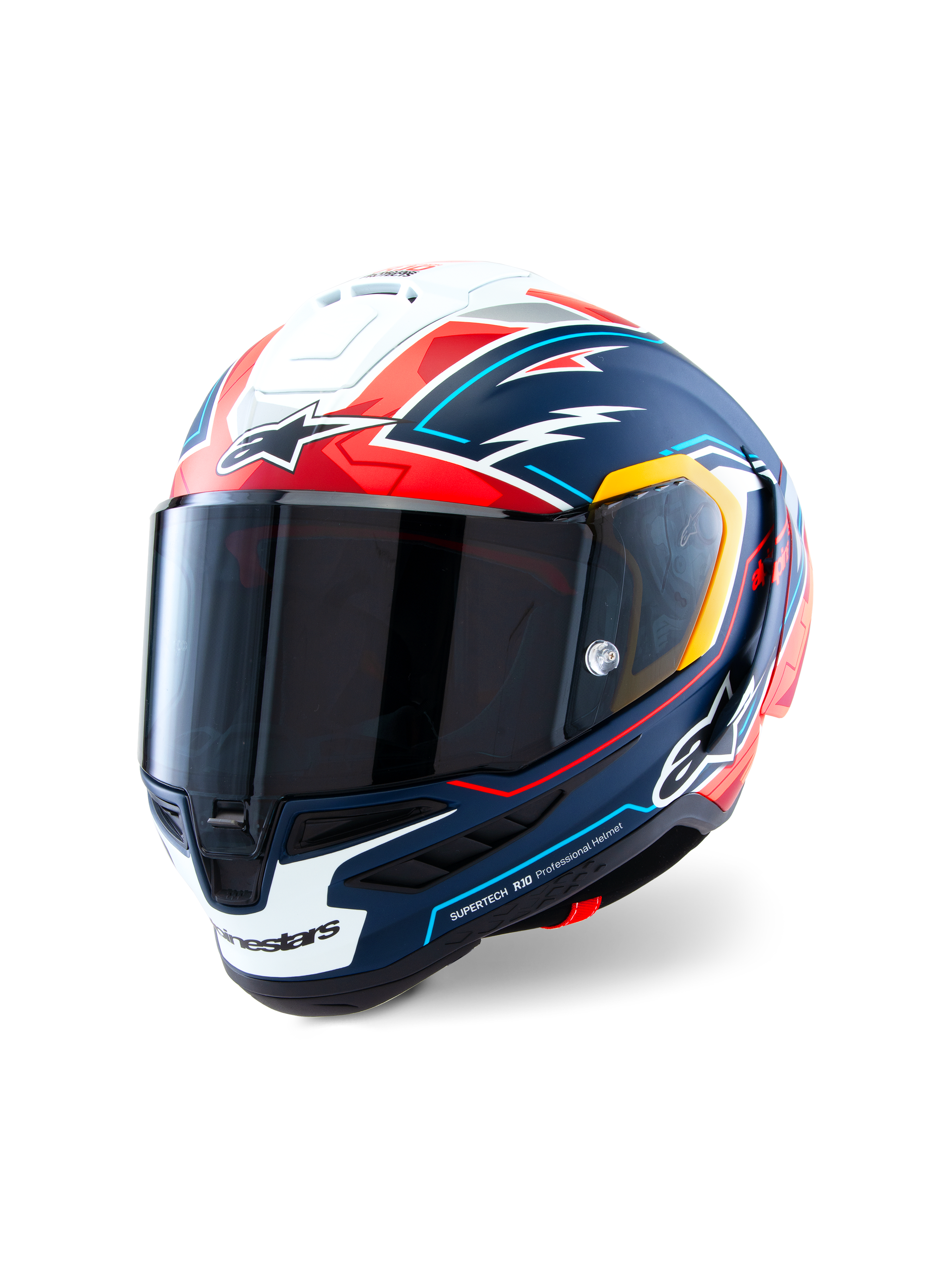 Alpinestars Supertech R10 Acosta Limited Edition, casco integrale da moto da corsa, blu, rosso e bianco opaco con accenti grafici, design aerodinamico della calotta in carbonio, visiera fumo scuro, equipaggiamento protettivo professionale ad alte prestazioni