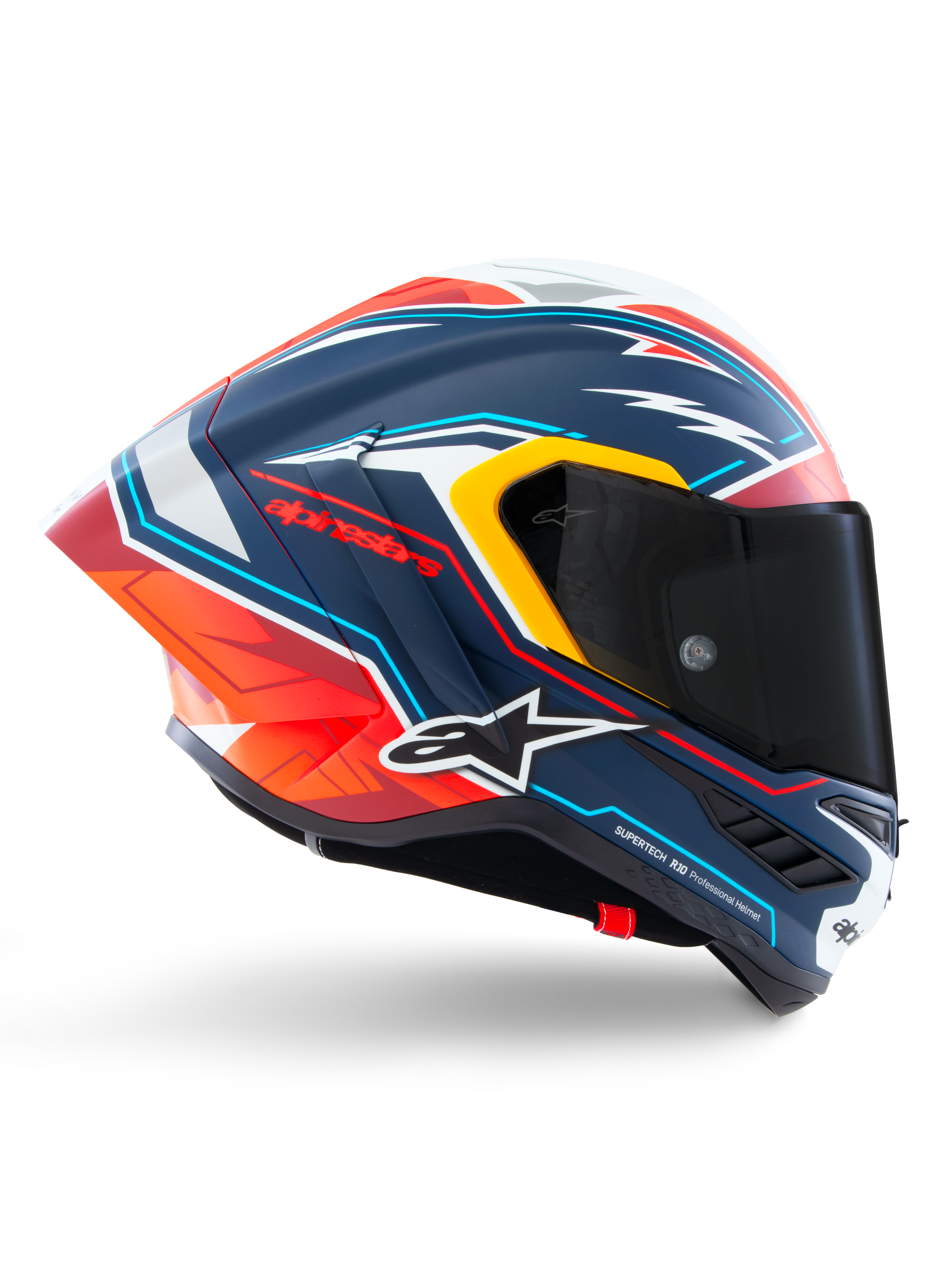 Casco Alpinestars Supertech R10 Acosta Limited Edition, casco racing per moto, blu opaco con grafica rossa, arancione e bianca, vista laterale di profilo, visiera scura, calotta aerodinamica in carbonio, prestazioni di livello professionale