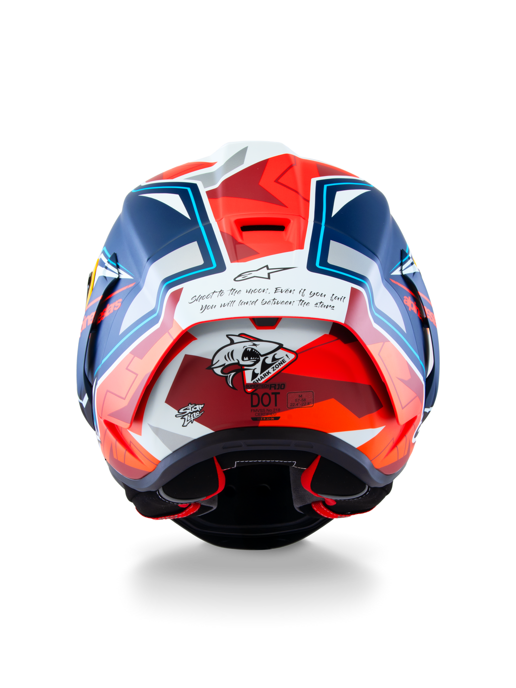 Alpinestars Casco Supertech R10 Acosta Edizione Limitata, vista posteriore con costruzione in carbonio e certificazione DOT, blu, rosso e bianco, casco da moto racing