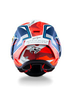 Alpinestars Casco Supertech R10 Acosta Edizione Limitata, vista posteriore con costruzione in carbonio e certificazione DOT, blu, rosso e bianco, casco da moto racing