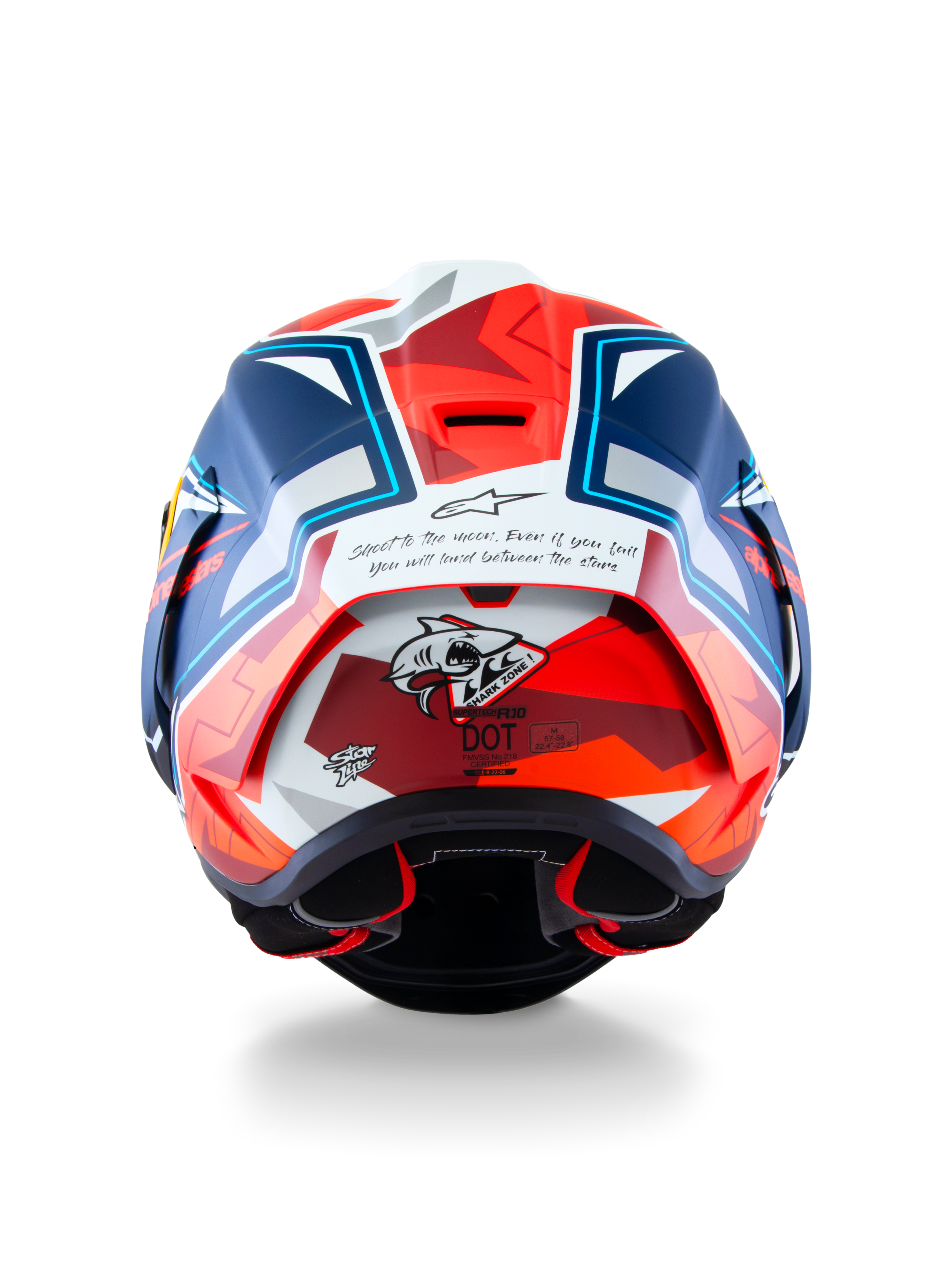 Alpinestars Casco Supertech R10 Acosta Edizione Limitata, vista posteriore con costruzione in carbonio e certificazione DOT, blu, rosso e bianco, casco da moto racing