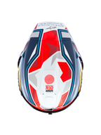 Casco Alpinestars Supertech R10 Acosta Edizione Limitata, vista superiore del casco da corsa in carbonio blu, rosso e bianco opaco con spoiler aerodinamico e grafica race, certificato ECE 22.06 e FIM