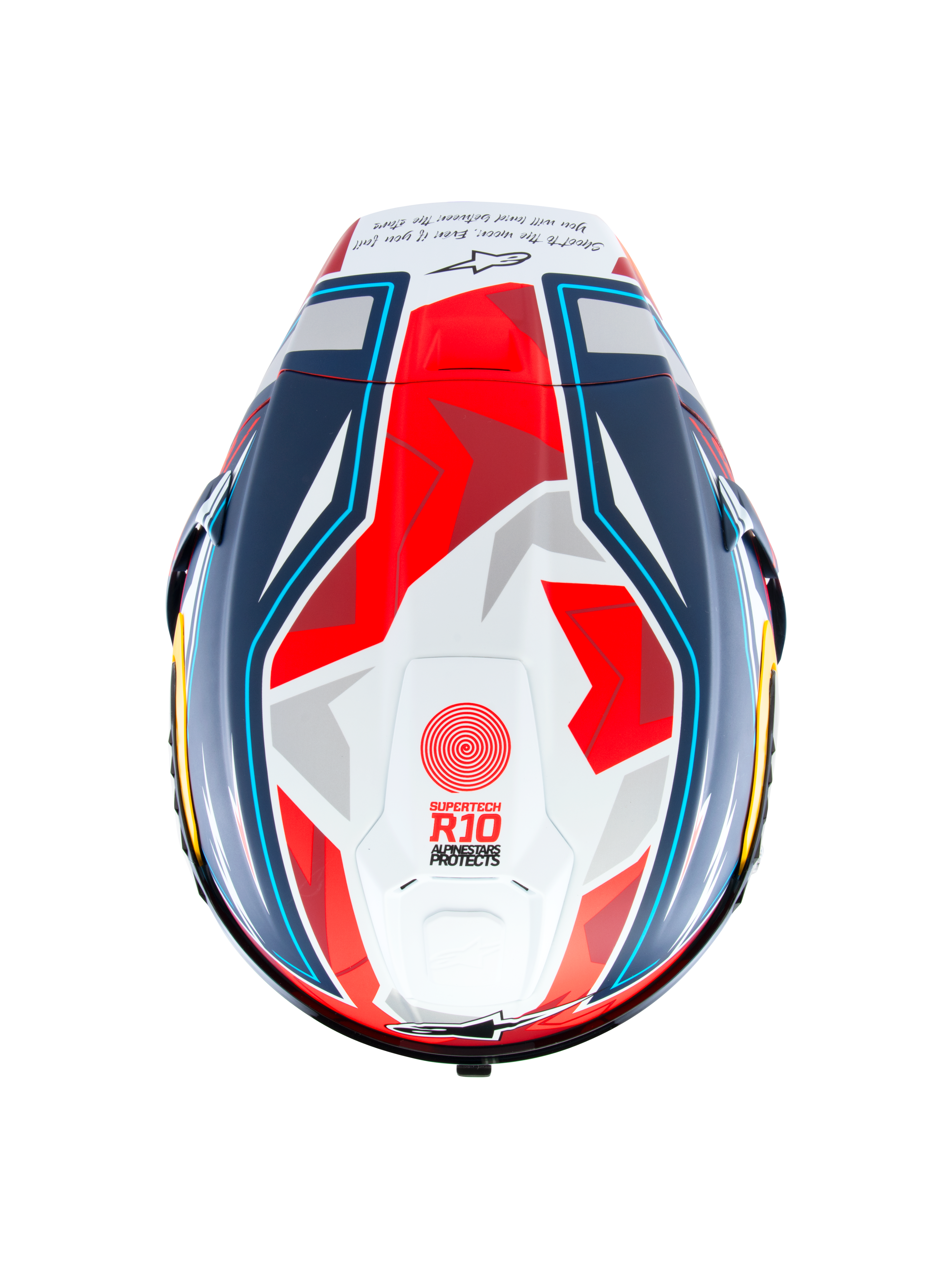 Casco Alpinestars Supertech R10 Acosta Edizione Limitata, vista superiore del casco da corsa in carbonio blu, rosso e bianco opaco con spoiler aerodinamico e grafica race, certificato ECE 22.06 e FIM