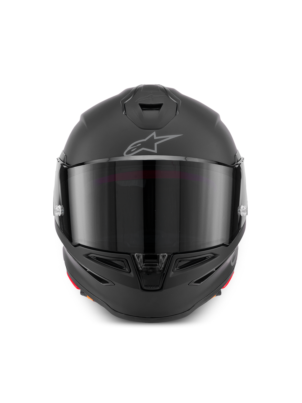 Casco Alpinestars S-R7 Solid, casco integrale da moto in Black Matte, vista frontale con calotta aerodinamica, visiera scura, prese d'aria integrate su mento e parte superiore e logo Astar sulla fronte.