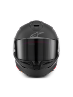 Casco Alpinestars S-R7 Solid, casco integrale da moto in Black Matte, vista frontale con calotta aerodinamica, visiera scura, prese d'aria integrate su mento e parte superiore e logo Astar sulla fronte.