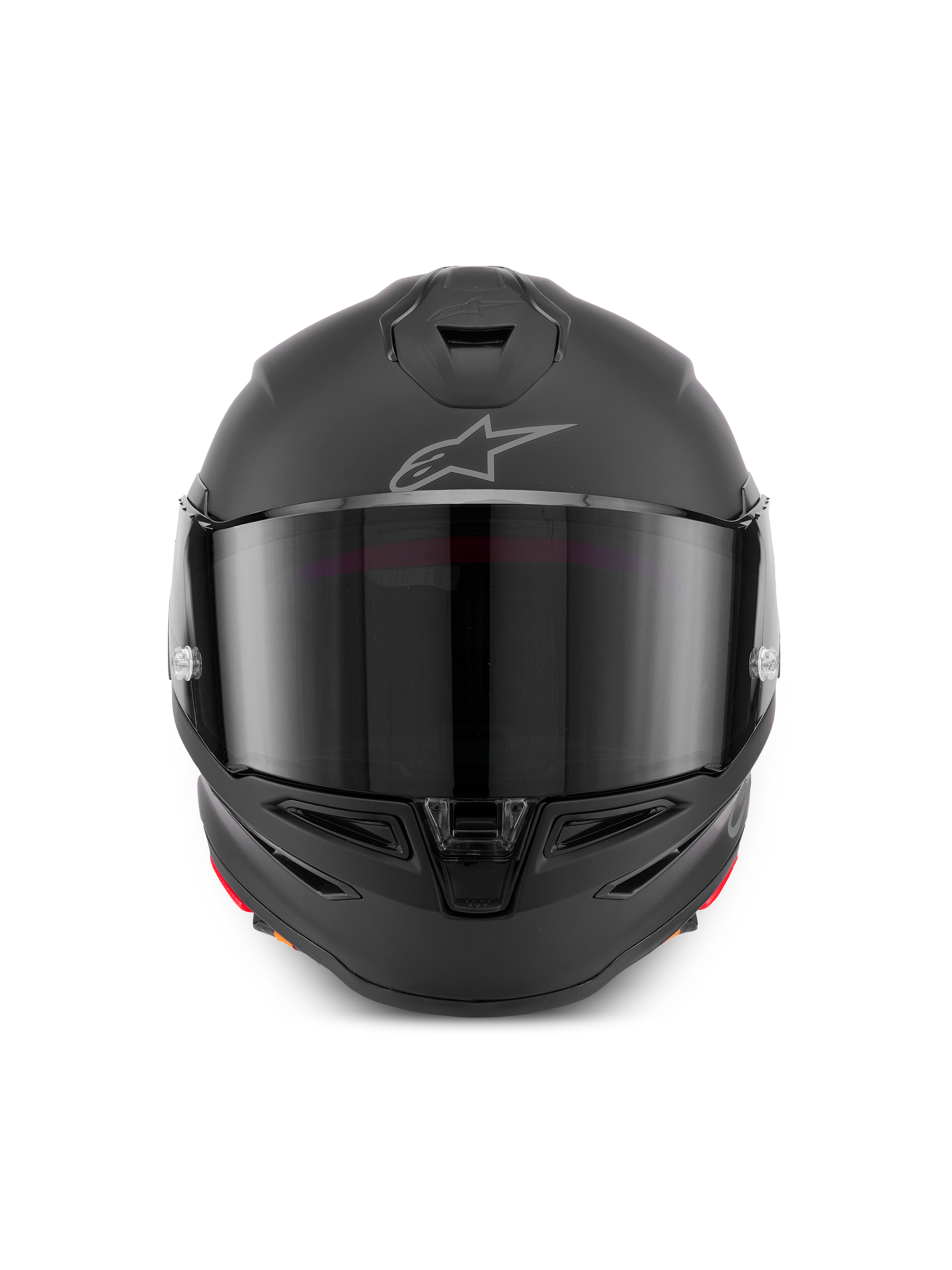 Casco Alpinestars S-R7 Solid, casco integrale da moto in Black Matte, vista frontale con calotta aerodinamica, visiera scura, prese d'aria integrate su mento e parte superiore e logo Astar sulla fronte.