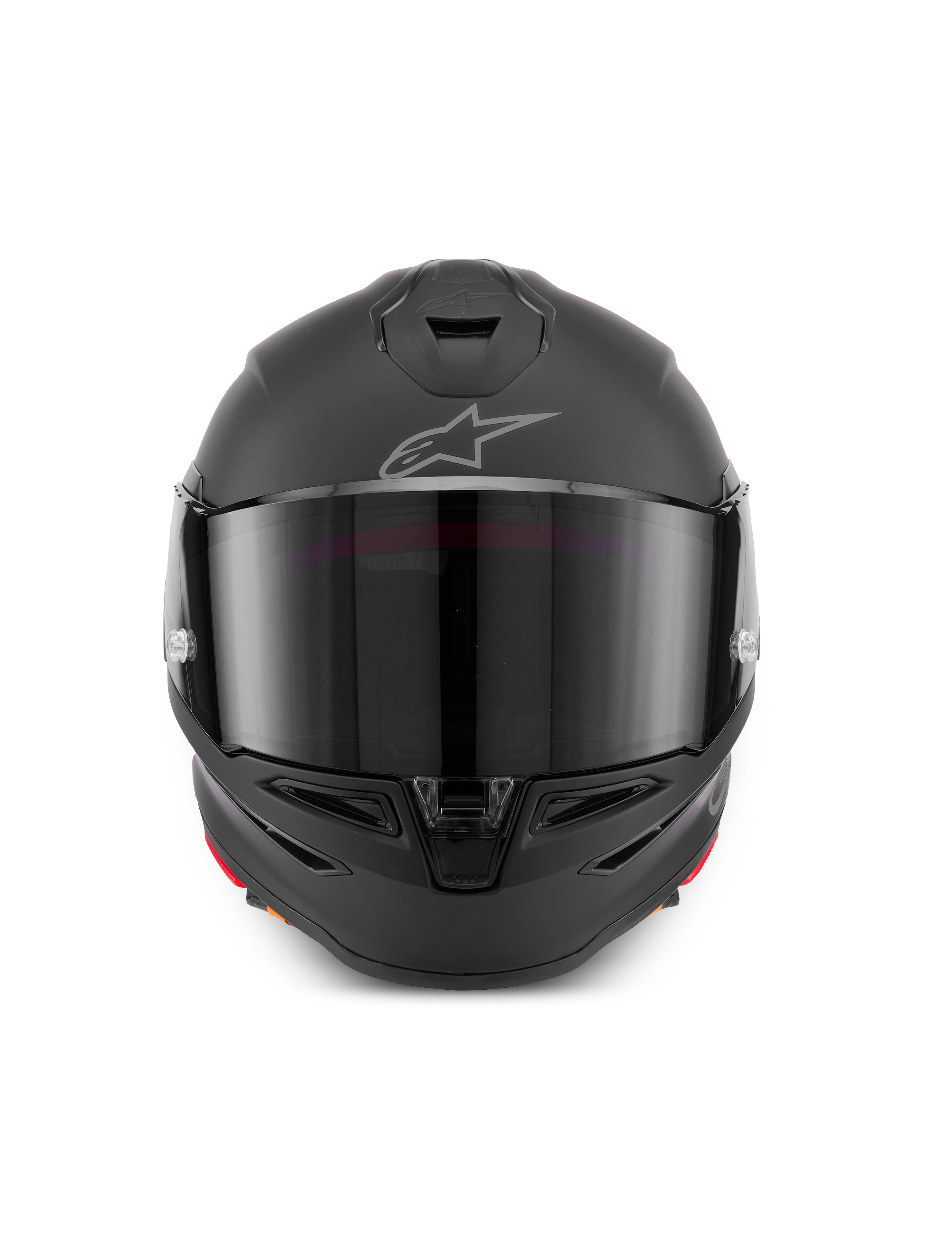 Casco Alpinestars S-R7 Solid, casco integrale da moto in Black Matte, vista frontale con calotta aerodinamica, visiera scura, prese d'aria integrate su mento e parte superiore e logo Astar sulla fronte.