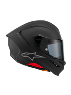 Alpinestars S-R7 Solid Helmet, casco integrale da moto, Nero Opaco, vista laterale di profilo che mostra la calotta aerodinamica in composito di carbonio, spoiler posteriore integrato, logo Astars argento, visiera trasparente e prese di ventilazione, equipaggiamento da competizione e guida sportiva