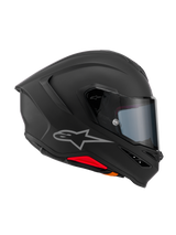 Alpinestars S-R7 Solid Helmet, casco integrale da moto, Nero Opaco, vista laterale di profilo che mostra la calotta aerodinamica in composito di carbonio, spoiler posteriore integrato, logo Astars argento, visiera trasparente e prese di ventilazione, equipaggiamento da competizione e guida sportiva