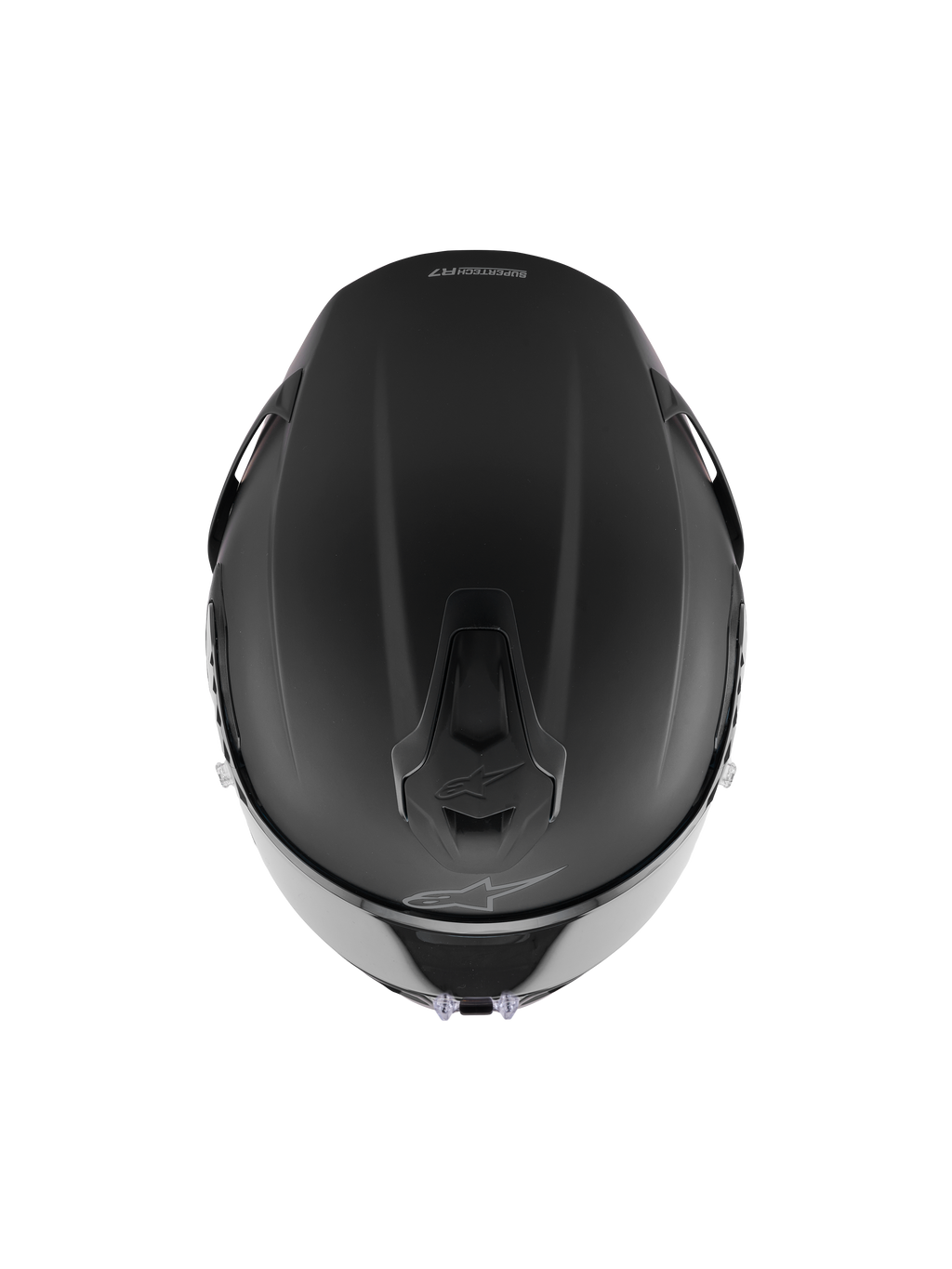 Casco Alpinestars S-R7 Solid, casco integrale da corsa, nero opaco, vista dall'alto che mostra la costruzione aerodinamica della calotta, prese di ventilazione integrate e discreto logo Alpinestars.