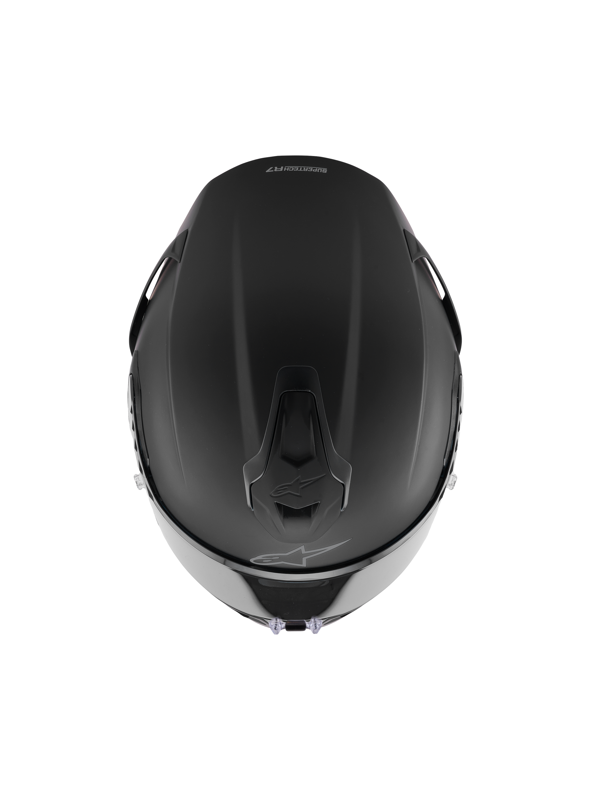 Casco Alpinestars S-R7 Solid, casco integrale da corsa, nero opaco, vista dall'alto che mostra la costruzione aerodinamica della calotta, prese di ventilazione integrate e discreto logo Alpinestars.