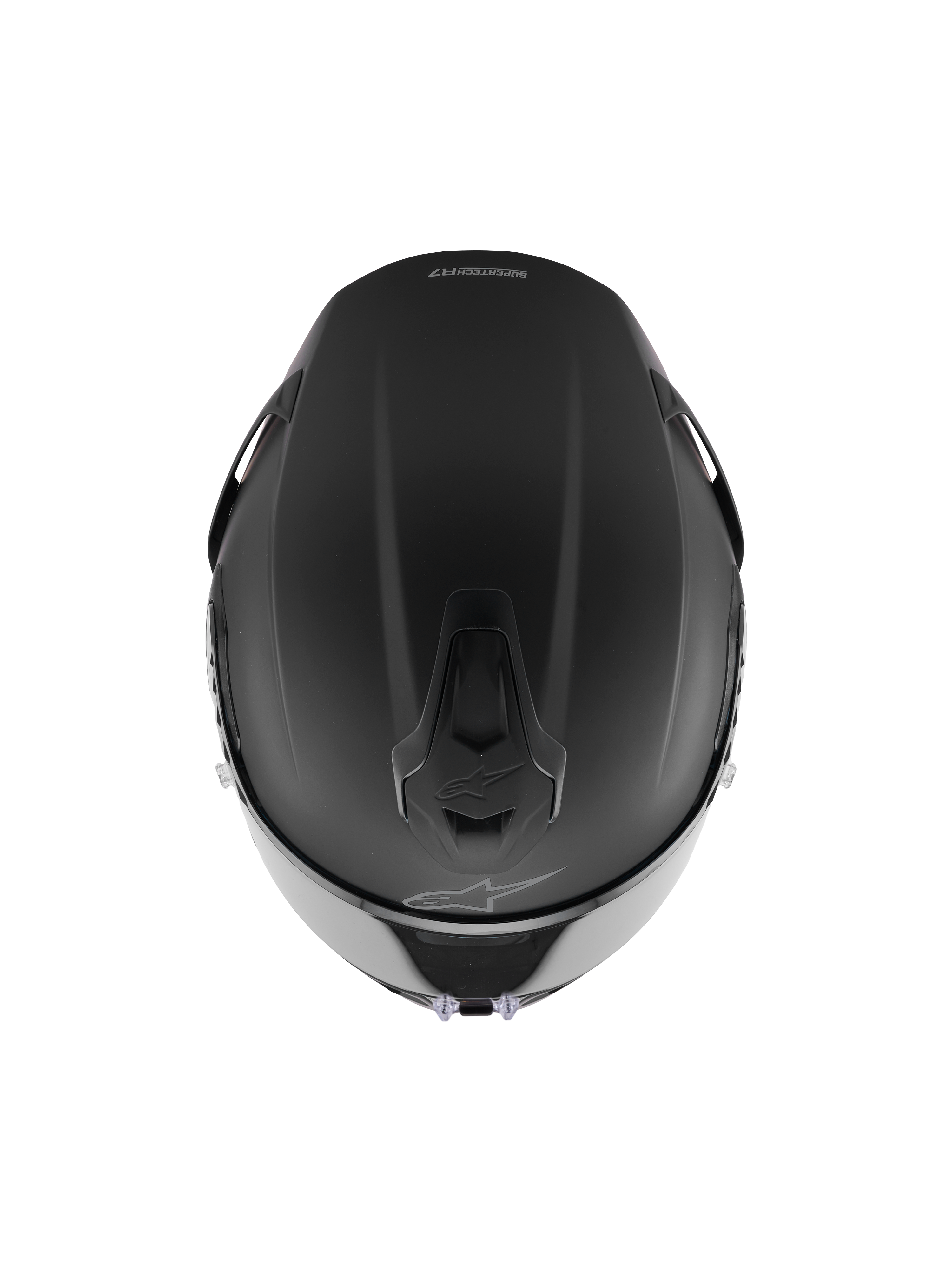 Casco Alpinestars S-R7 Solid, casco integrale da corsa, nero opaco, vista dall'alto che mostra la costruzione aerodinamica della calotta, prese di ventilazione integrate e discreto logo Alpinestars.