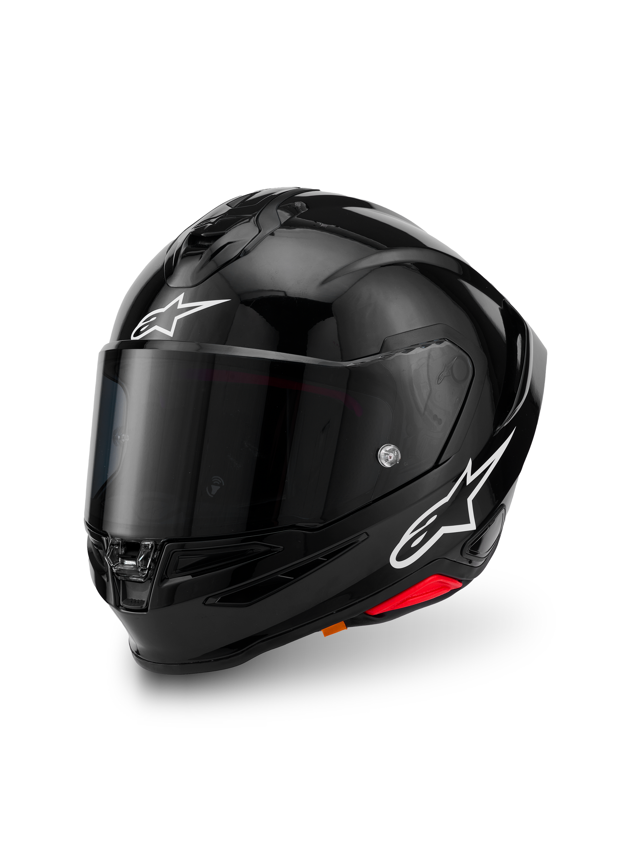 Alpinestars S-R7 Solid Helmet, nero lucido, casco integrale da moto con calotta in composito di carbonio, loghi a stella bianchi sulla fronte e sul lato, design aerodinamico con spoiler integrato e prese di ventilazione