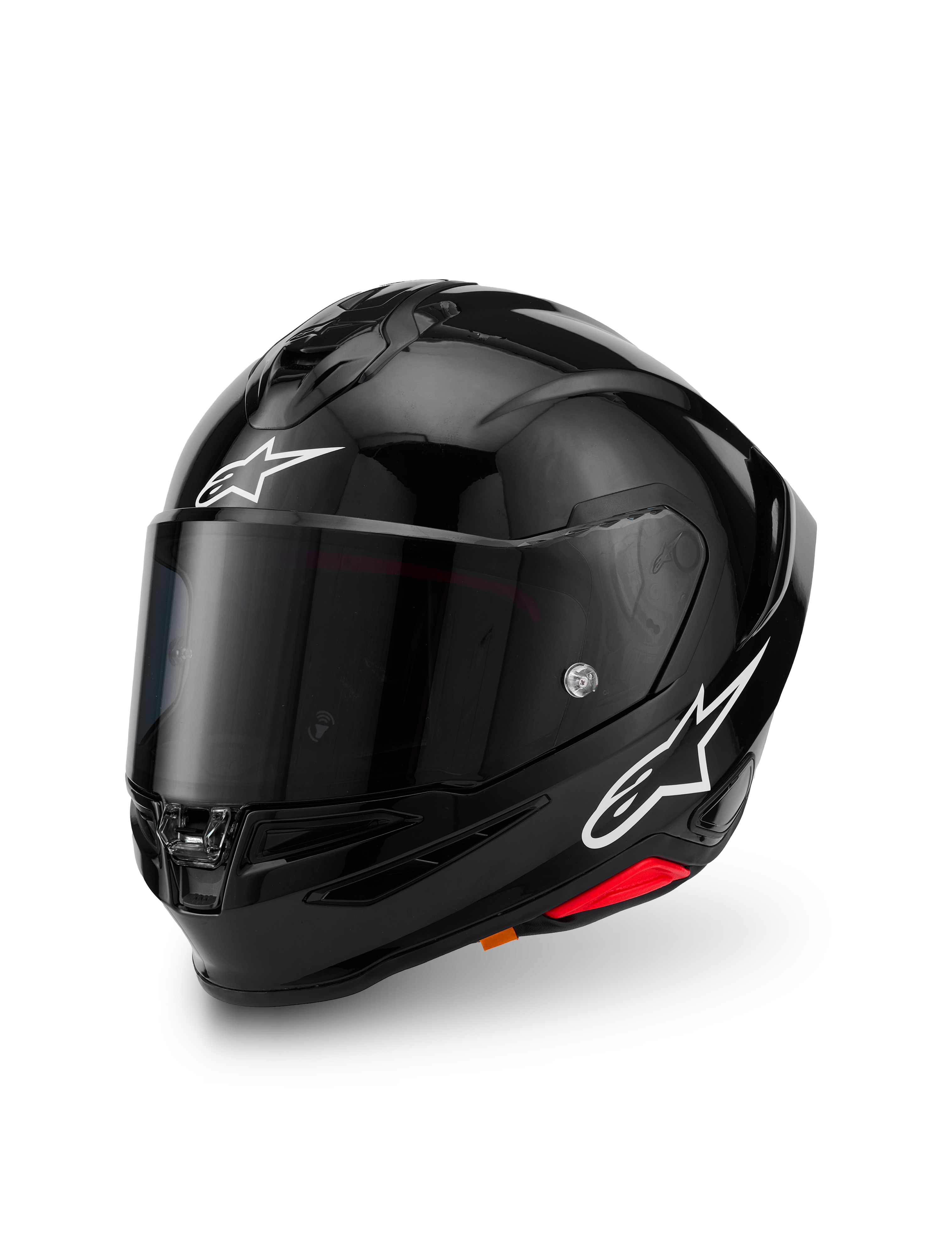 Alpinestars S-R7 Solid Helmet, nero lucido, casco integrale da moto con calotta in composito di carbonio, loghi a stella bianchi sulla fronte e sul lato, design aerodinamico con spoiler integrato e prese di ventilazione