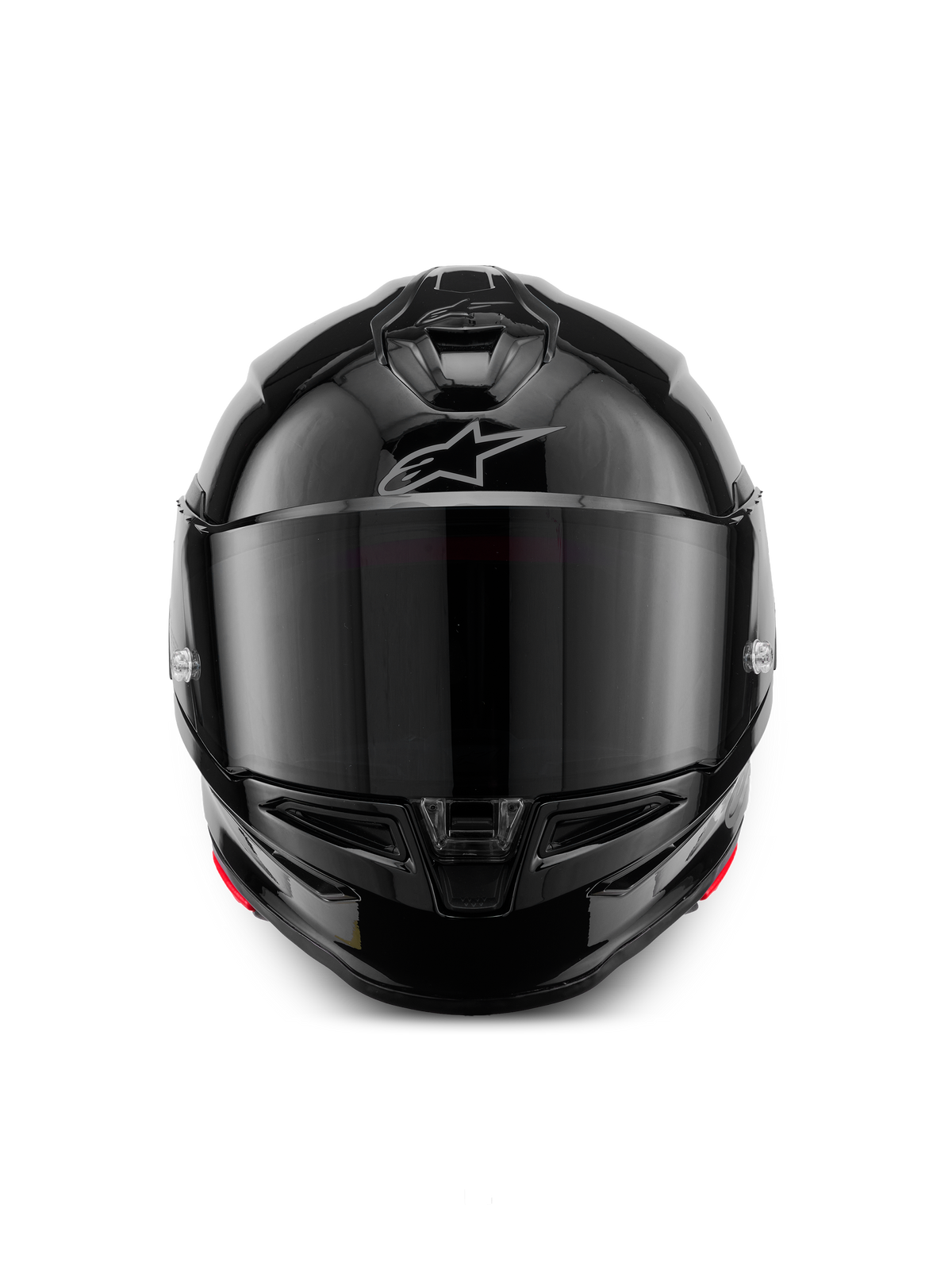 Alpinestars S-R7 Solid Helmet, Full-Face Motorcycle Helmet, Black Glossy, front view with a dark tinted visor, aerodynamic shell featuring chin and top vents, and subtle silver Alpinestars logo on the forehead.