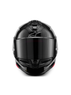 Casco Alpinestars S-R7 Solid, casco moto integrale, nero lucido, vista frontale con visiera scura, calotta aerodinamica con prese d'aria sulla mentoniera e sulla parte superiore, logo Alpinestars argento sulla fronte