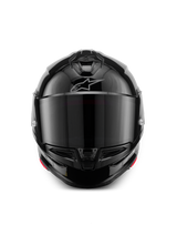 Casco Alpinestars S-R7 Solid, casco moto integrale, nero lucido, vista frontale con visiera scura, calotta aerodinamica con prese d'aria sulla mentoniera e sulla parte superiore, logo Alpinestars argento sulla fronte