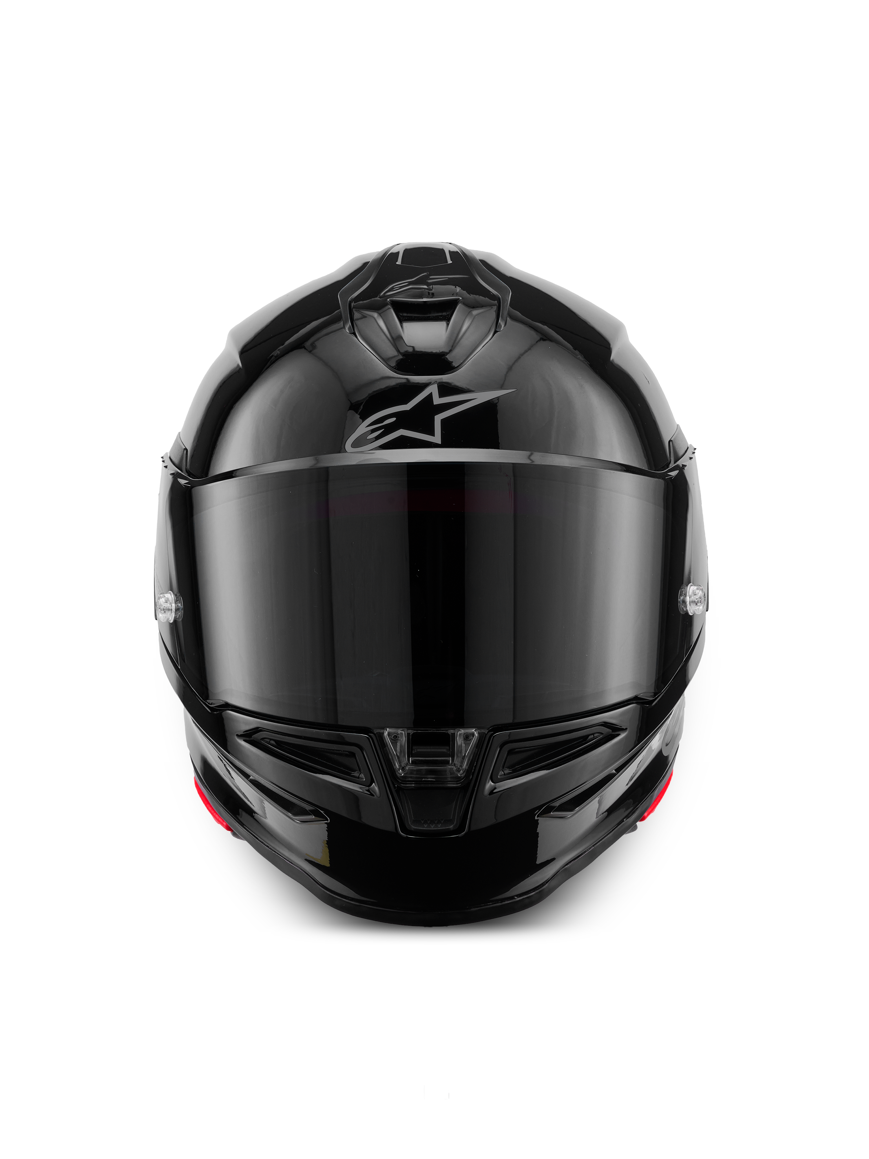 Casco Alpinestars S-R7 Solid, casco moto integrale, nero lucido, vista frontale con visiera scura, calotta aerodinamica con prese d'aria sulla mentoniera e sulla parte superiore, logo Alpinestars argento sulla fronte