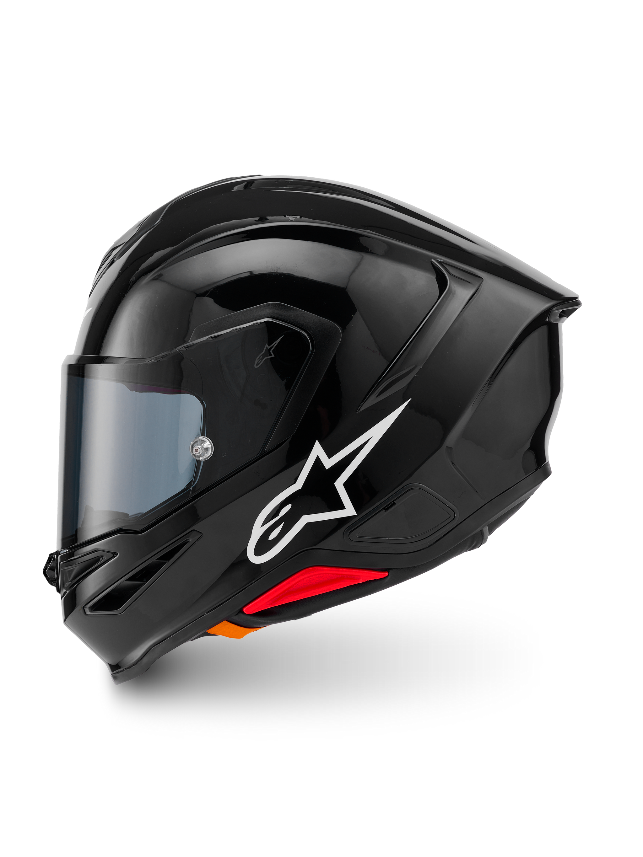 Casco Alpinestars S-R7 Solid, casco integrale da moto, nero lucido, vista laterale sinistra con logo Alpinestars bianco, calotta aerodinamica con spoiler integrato, visiera oscurata e dettagli rossi per il rilascio d'emergenza