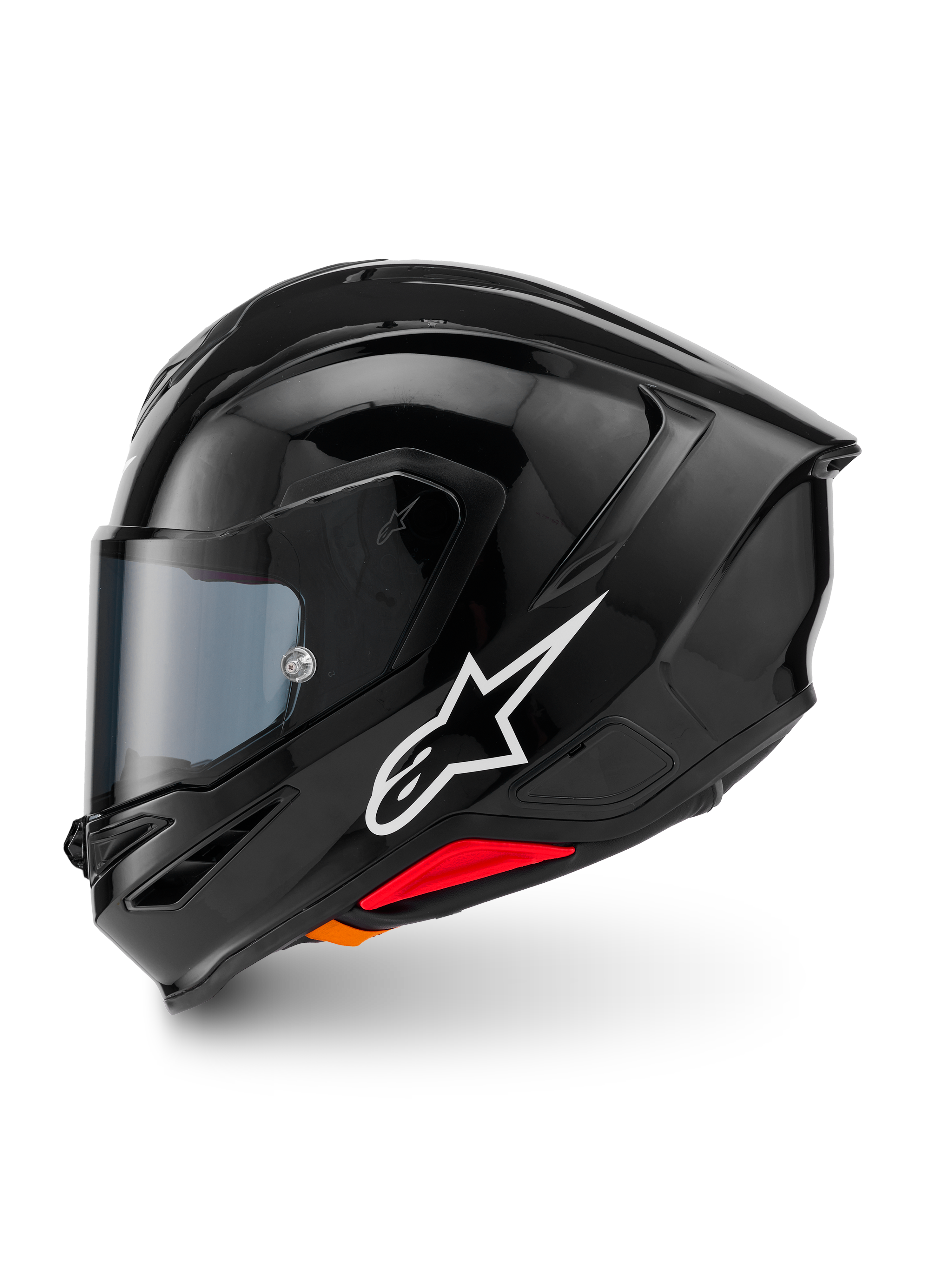 Casco Alpinestars S-R7 Solid, casco integrale da moto, nero lucido, vista laterale sinistra con logo Alpinestars bianco, calotta aerodinamica con spoiler integrato, visiera oscurata e dettagli rossi per il rilascio d'emergenza