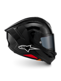 Casco Alpinestars S-R7 Solid, casco integrale da moto, nero lucido, vista laterale con logo Alpinestars bianco, calotta aerodinamica con spoiler integrato e accenti rossi alla base, progettato per prestazioni racing e sportive.